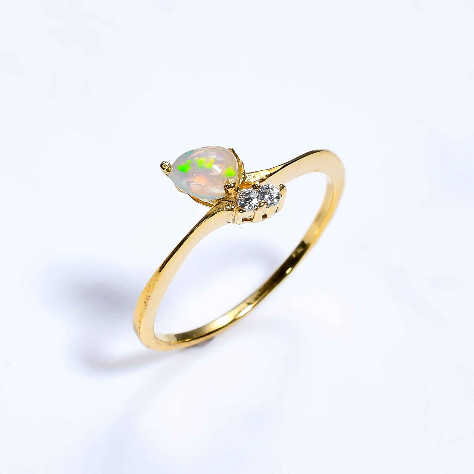 Natural Ethiopian Opal Zircon Ring in 925 Sterling Silver, Pear Cut Minimalist Gemstone Ring for Women