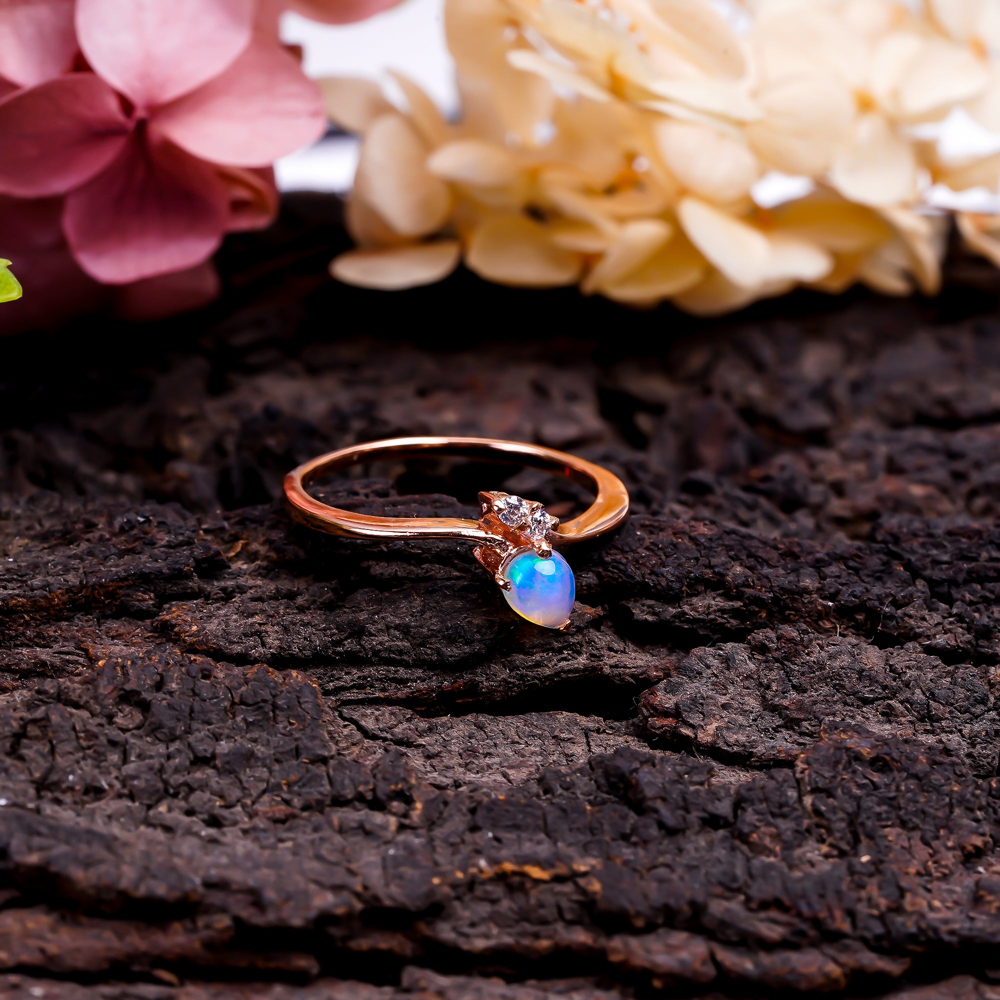 Ethiopian opal zircon minimalist ring in 925 sterling silver with pear cut gemstone, designed for women by Himalya Quartz.