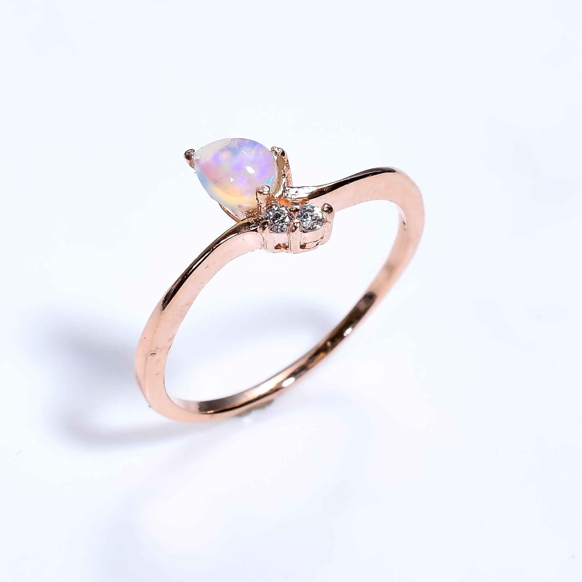 Natural Ethiopian Opal Zircon Ring in 925 Sterling Silver, Pear Cut Minimalist Gemstone Ring for Women