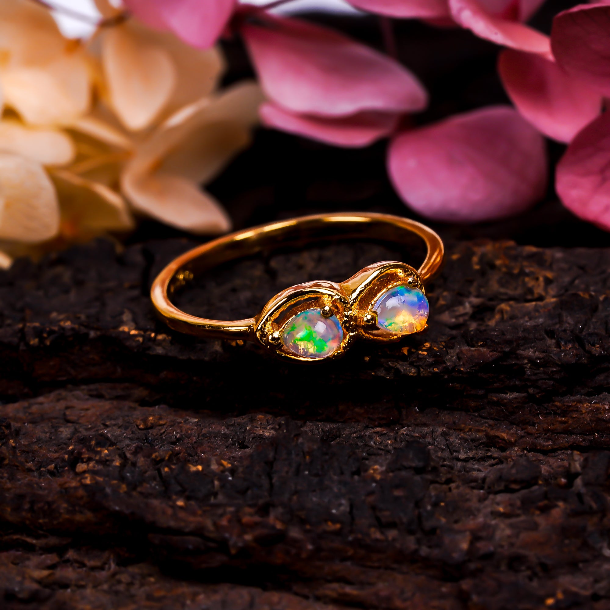 Pear cut Ethiopian opal ring in 925 sterling silver with 3x4mm opal, handcrafted jewelry for women by Himalya Quartz.