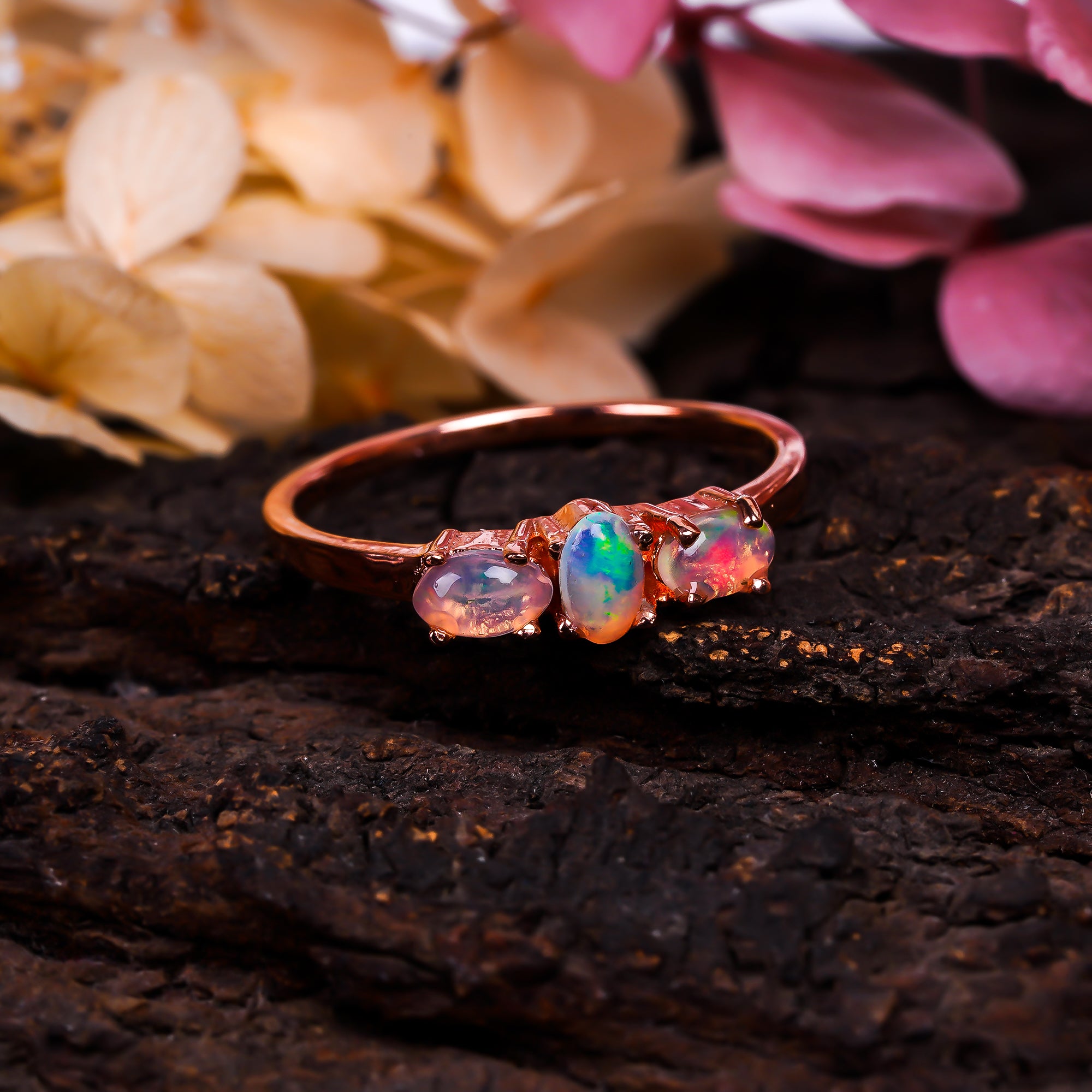 Sterling silver oval opal ring with a 3x5mm handmade opal, elegant jewelry for women by Himalya Quartz.