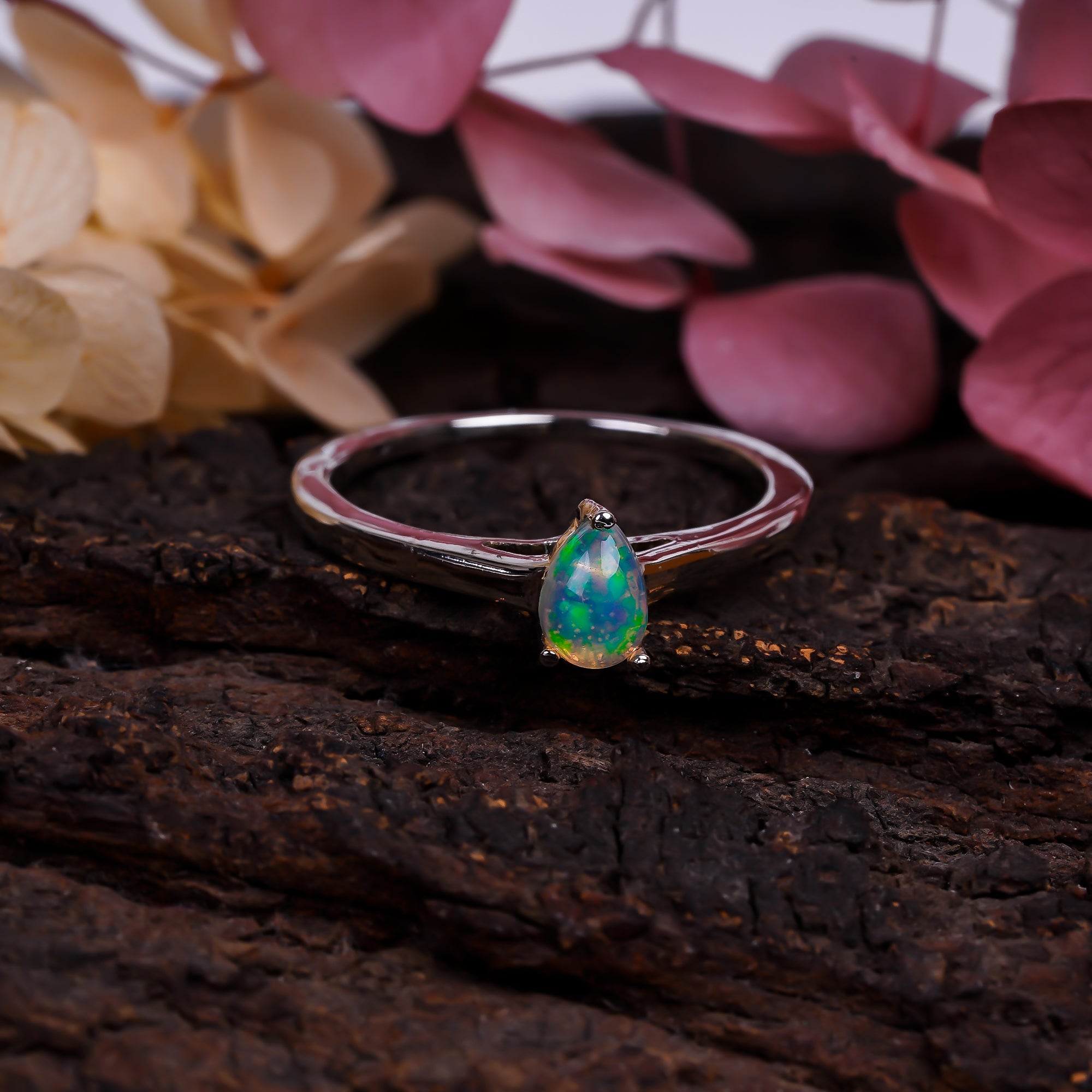 Ethiopian opal ring in 925 sterling silver featuring a 6x4mm natural fire opal, handcrafted jewelry for women by Himalya Quartz