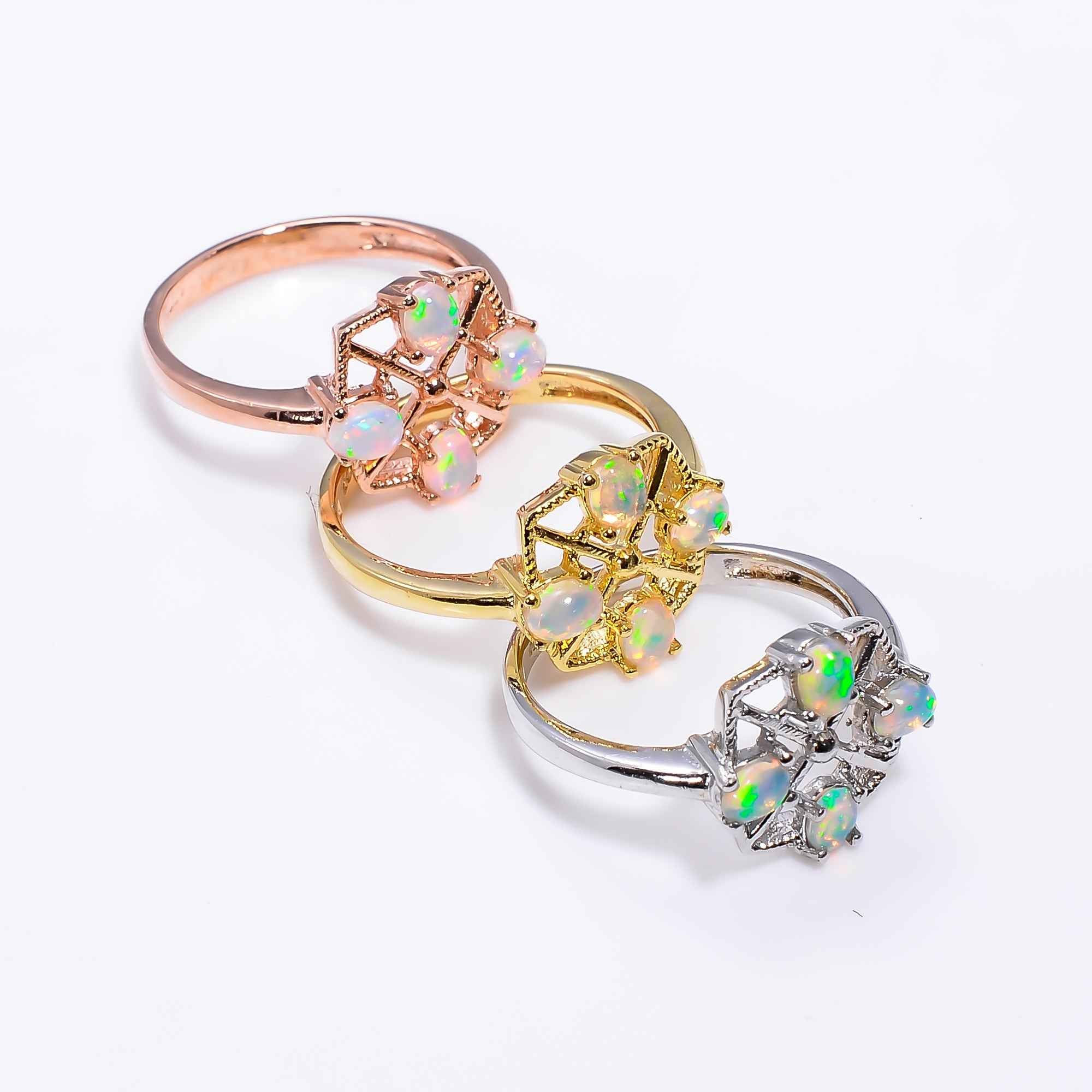 Minimalist Ethiopian Opal Ring 3x4mm Oval Four Stone 925 Sterling Silver Delicate Gemstone Band for Women