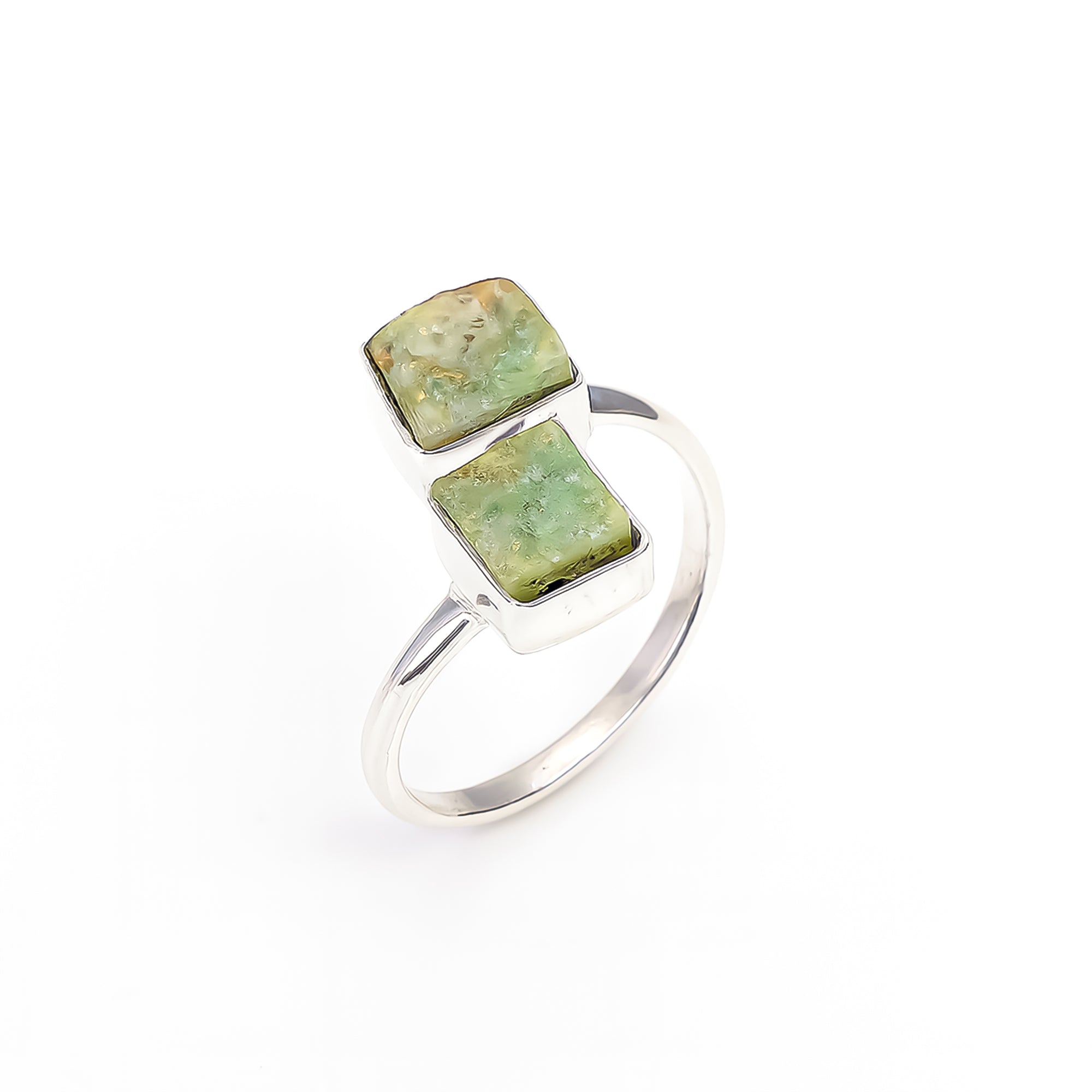 Raw Chrysoprase Two Stone Ring in 925 Sterling Silver Rough Handmade Jewelry Gift for Her