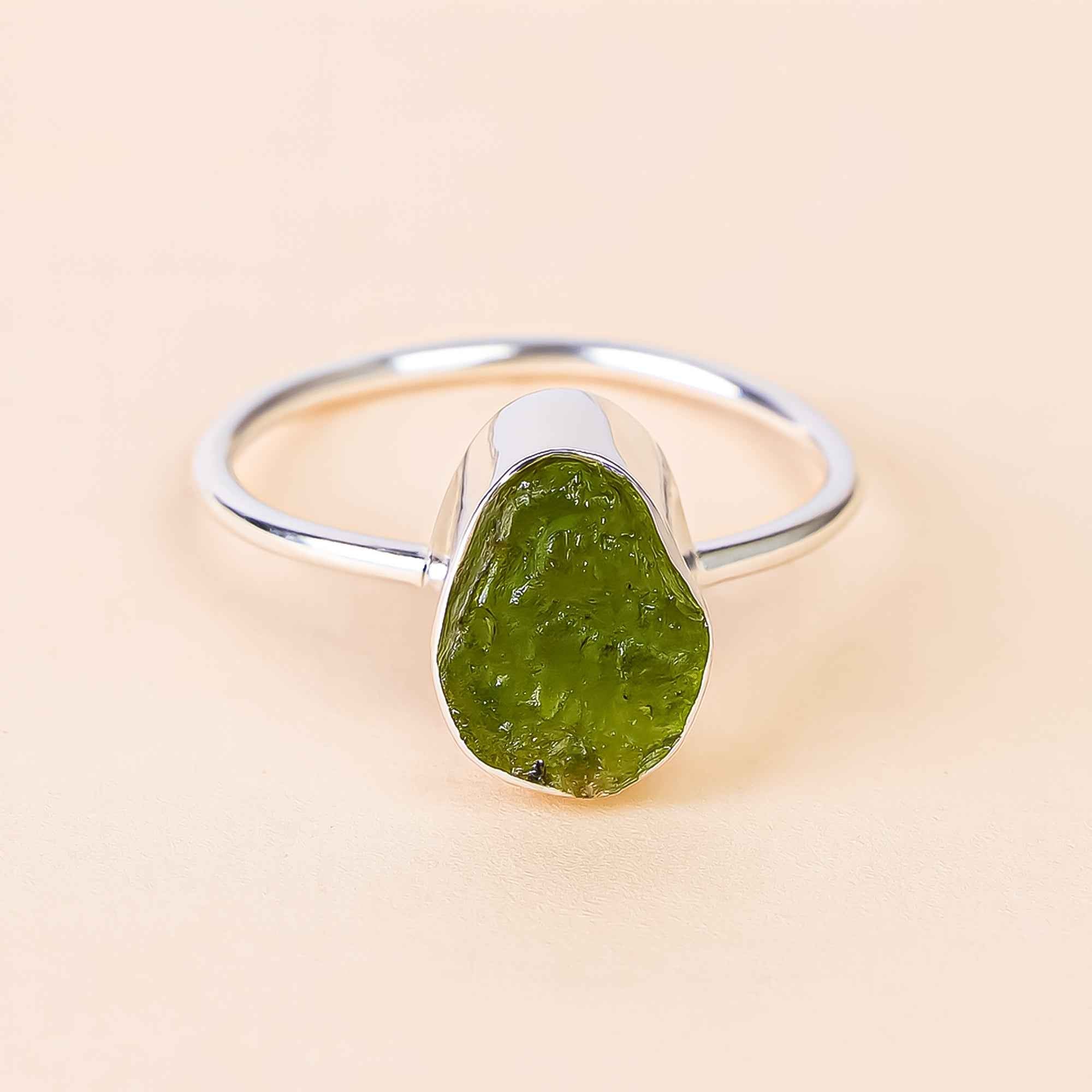 Raw Peridot Ring in 925 Sterling Silver Rough Gemstone Bezel Ring Handmade August Birthstone Jewelry