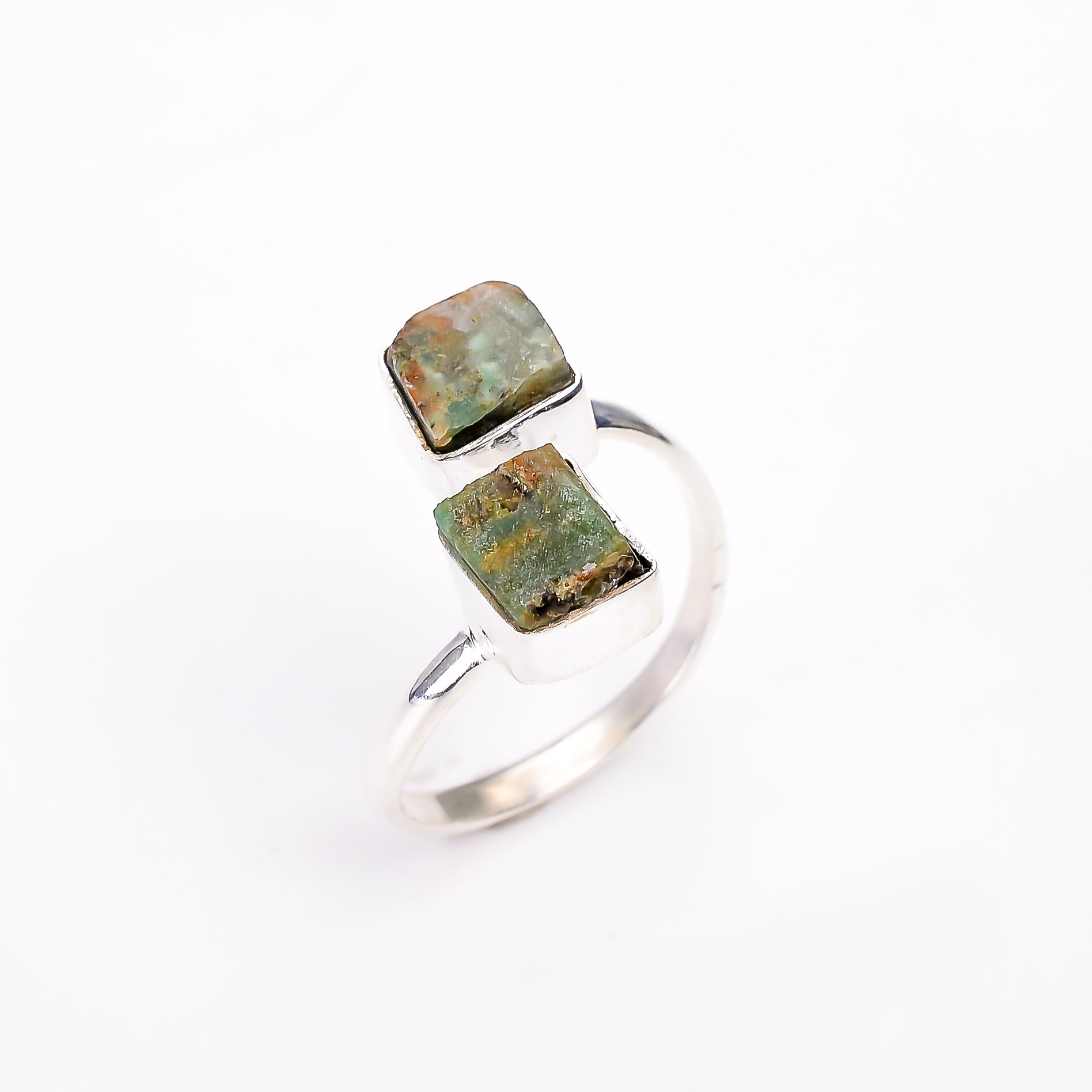 Raw Chrysoprase Two Stone Ring in 925 Sterling Silver Rough Handmade Jewelry Gift for Her