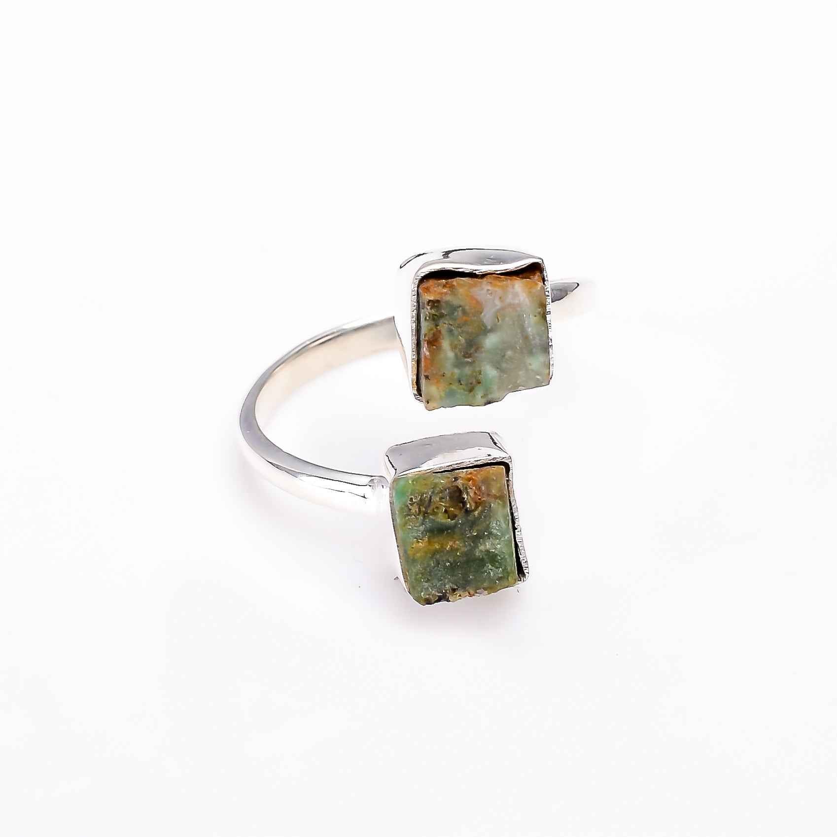 Raw Chrysoprase Two Stone Ring in 925 Sterling Silver Rough Handmade Jewelry Gift for Her