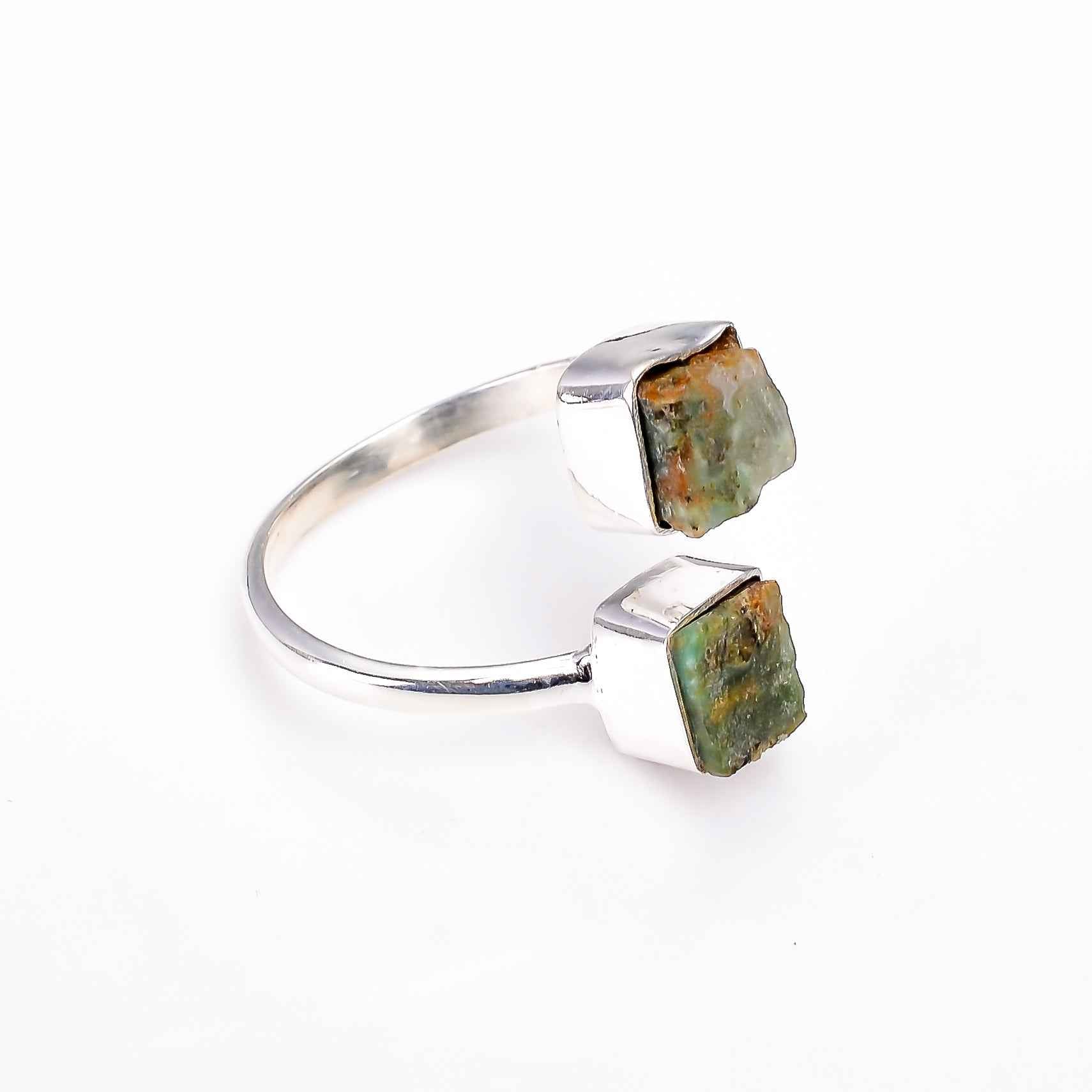Raw Chrysoprase Two Stone Ring in 925 Sterling Silver Rough Handmade Jewelry Gift for Her