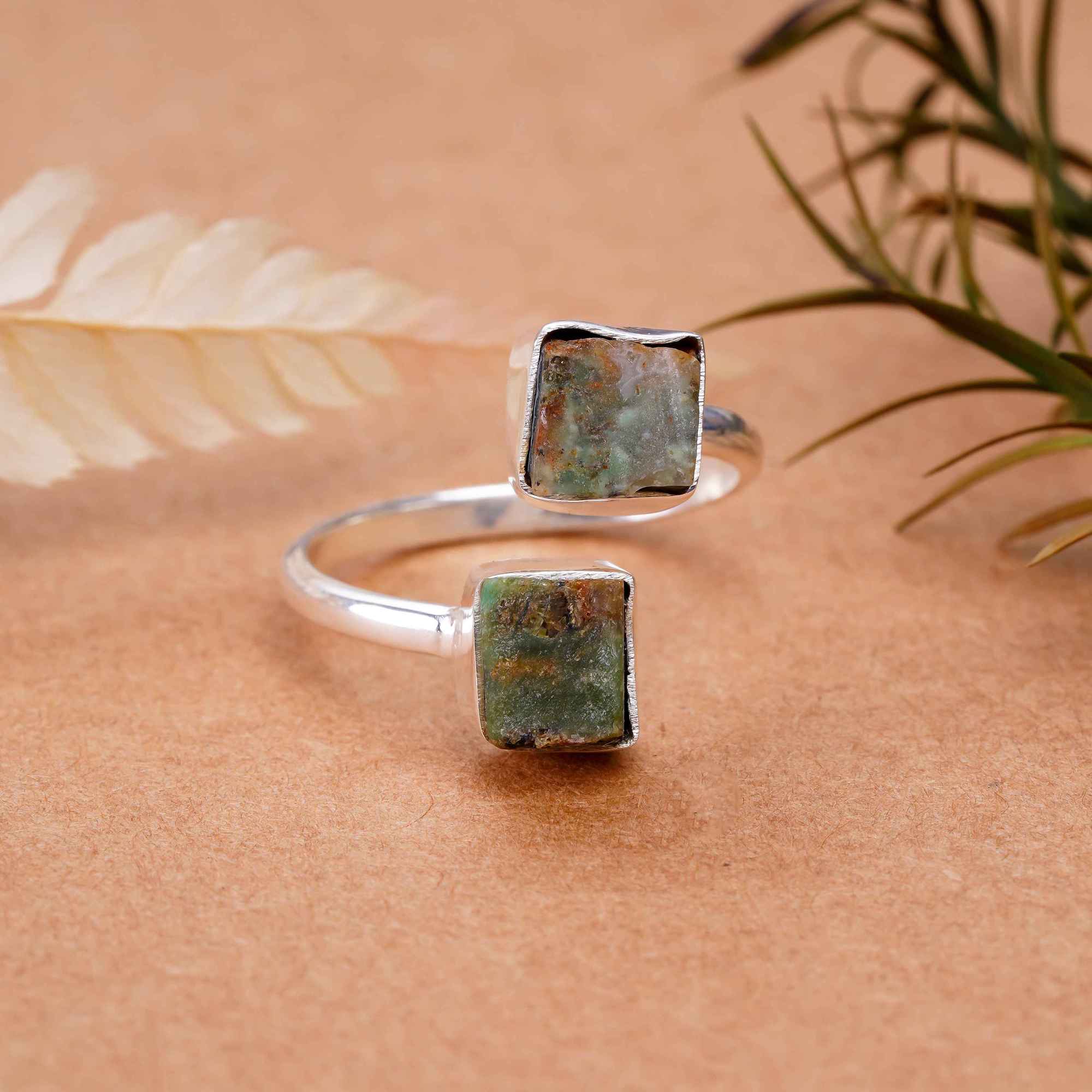 Raw Chrysoprase Two Stone Ring in 925 Sterling Silver Rough Handmade Jewelry Gift for Her