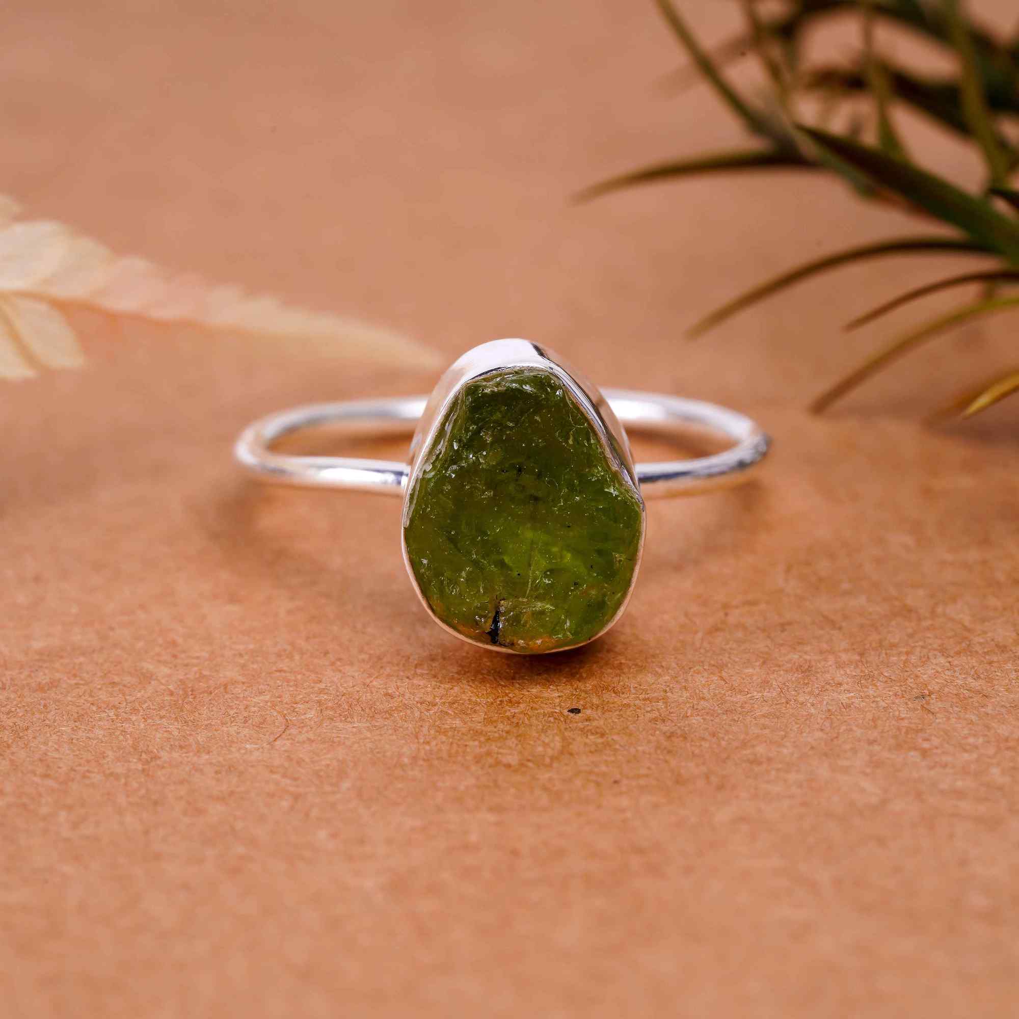 Raw Peridot Ring in 925 Sterling Silver Rough Gemstone Bezel Ring Handmade August Birthstone Jewelry