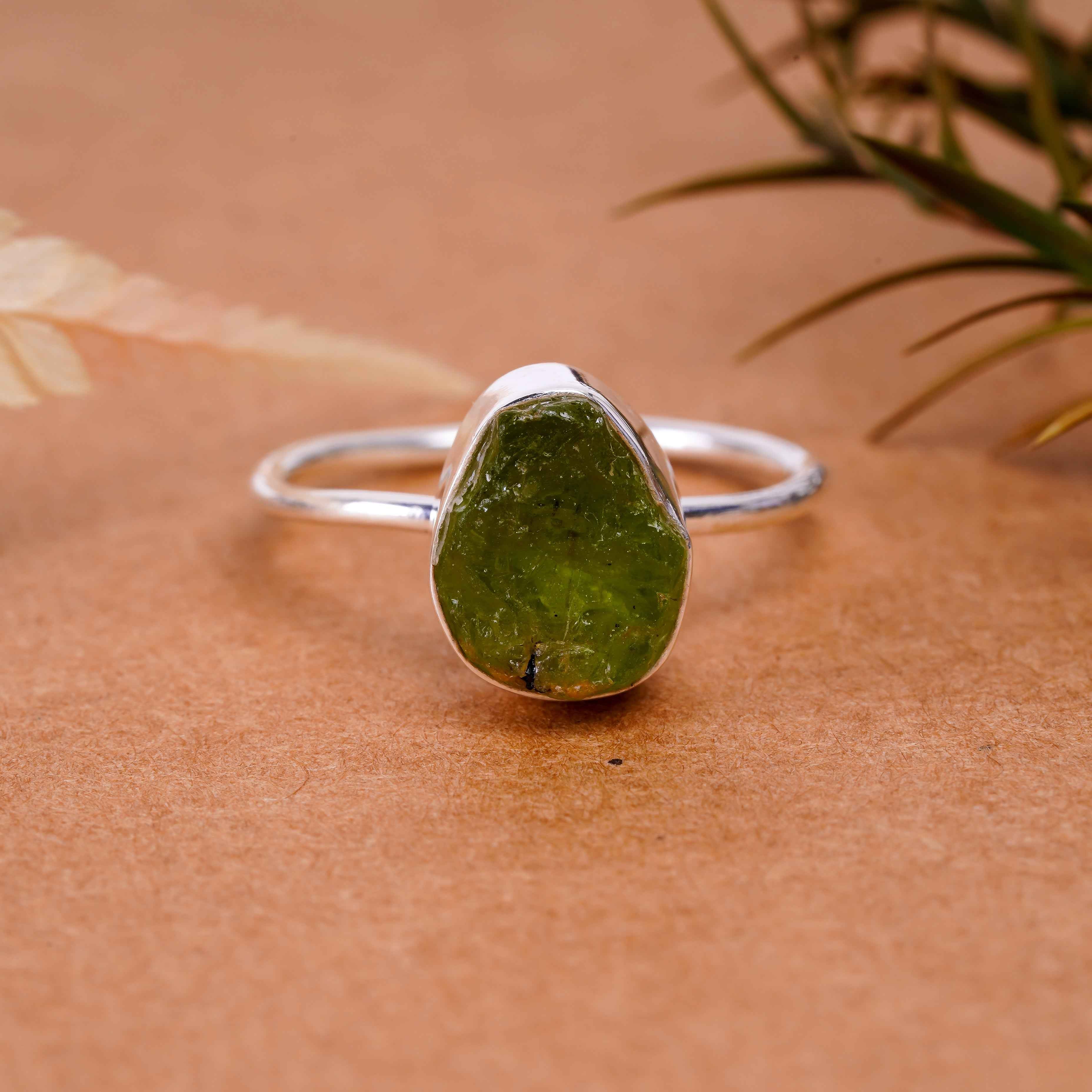 Raw Peridot Ring in 925 Sterling Silver Rough Gemstone Bezel Ring Handmade August Birthstone Jewelry