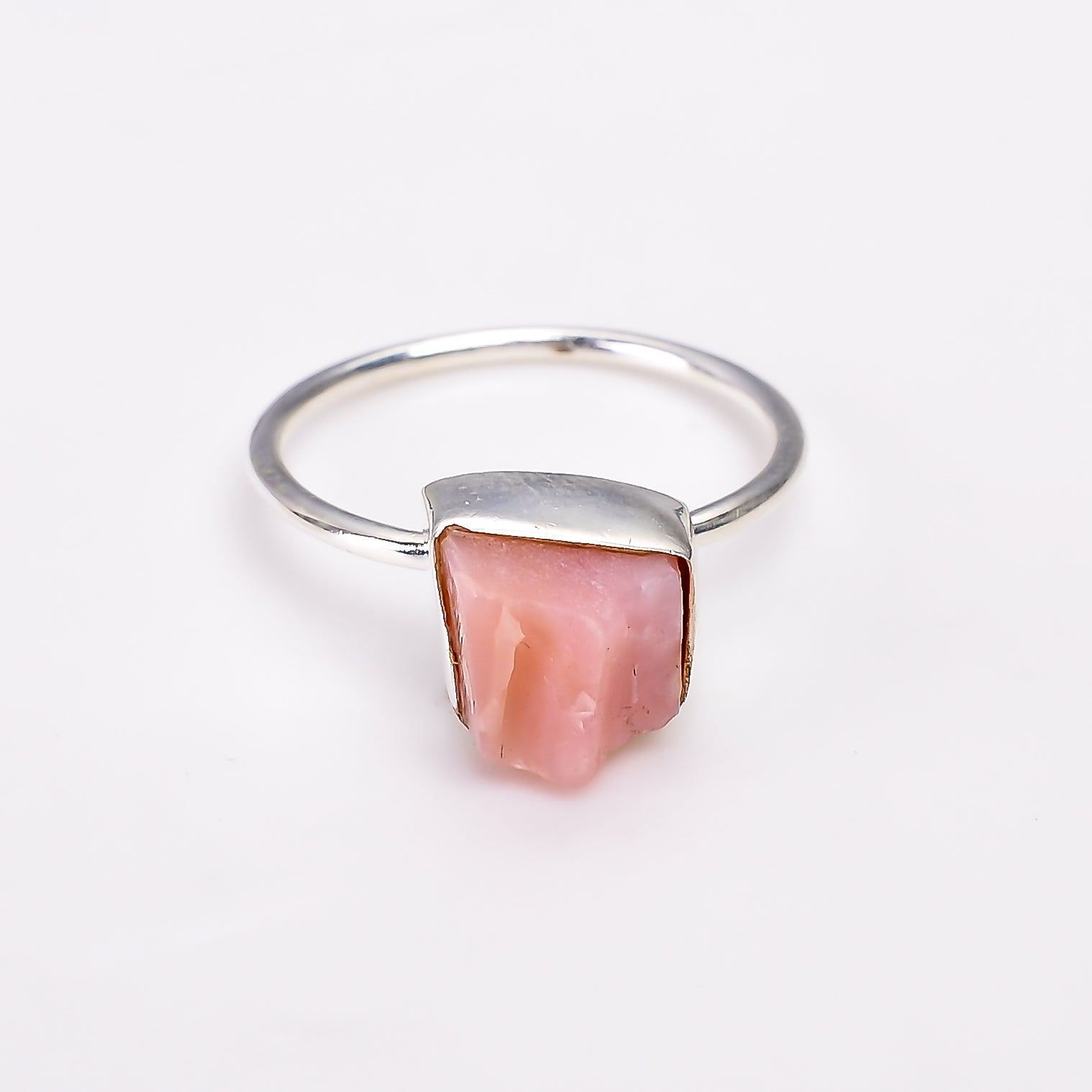 Raw Pink Opal Ring in 925 Sterling Silver Rough Gemstone Bezel Ring Handmade October Birthstone Jewelry