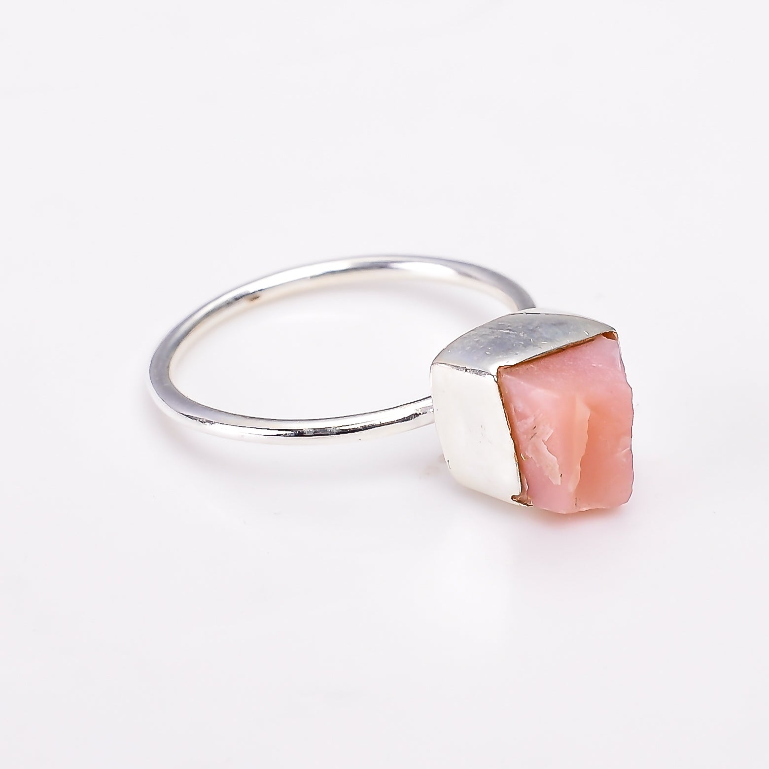 Raw Pink Opal Ring in 925 Sterling Silver Rough Gemstone Bezel Ring Handmade October Birthstone Jewelry
