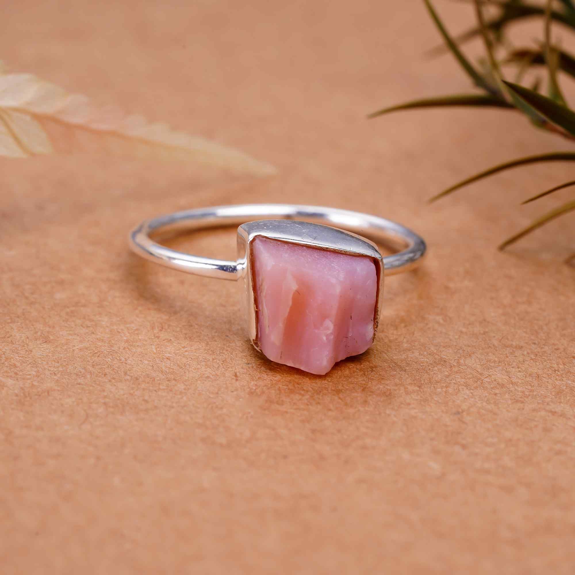 Raw Pink Opal Ringin 925 Sterling Silver Rough Gemstone Bezel Ring Handmade October Birthstone Jewelry