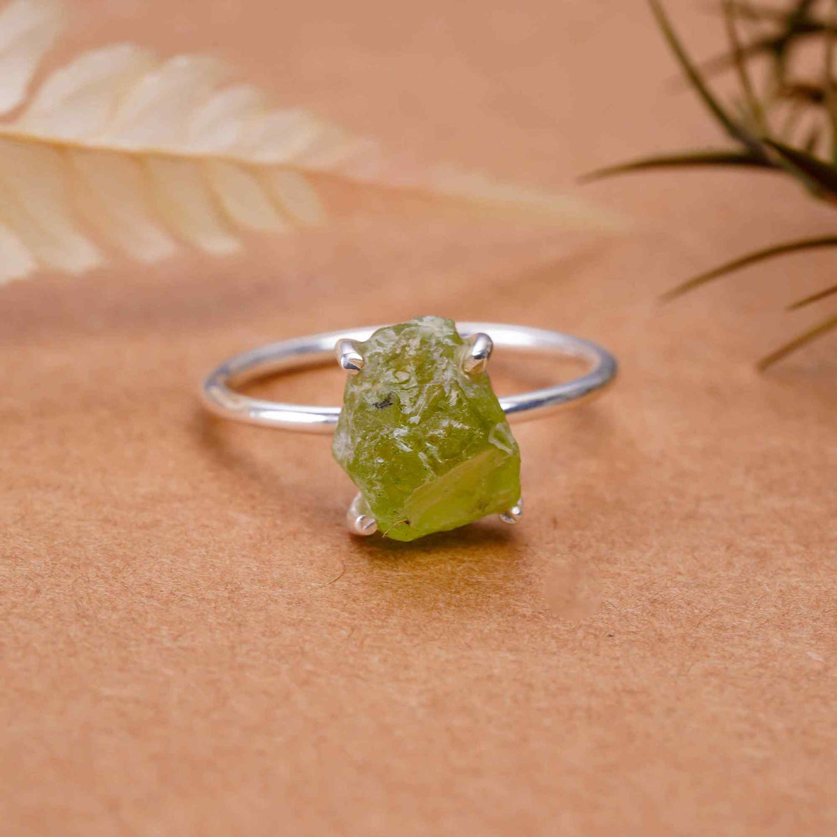 Raw Peridot Ring in 925 Sterling Silver Rough Gemstone Ring Handmade August Birthstone Jewelry