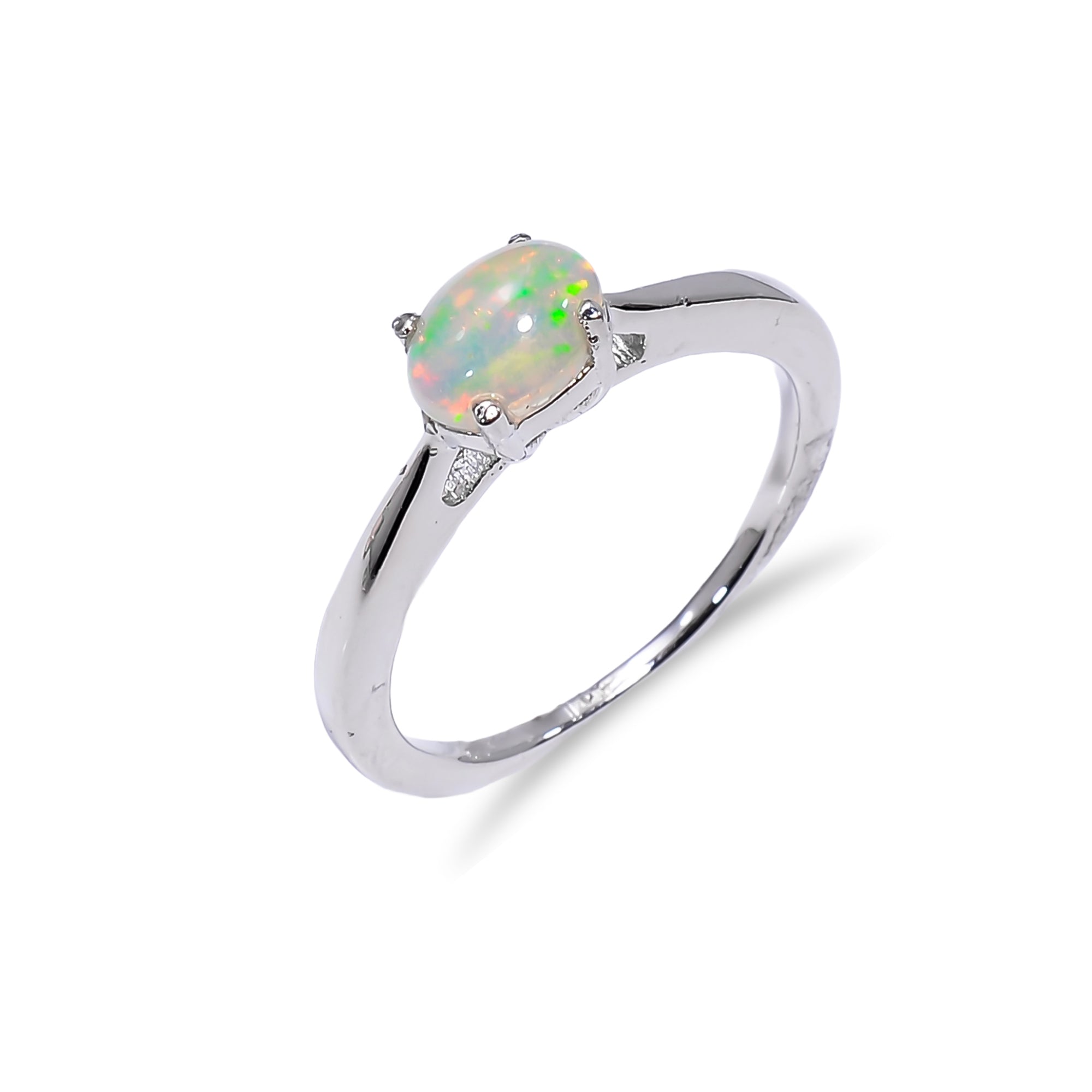 Vintage Ethiopian opal ring in 925 sterling silver featuring a 4x6mm oval fire opal gemstone, designed for women.