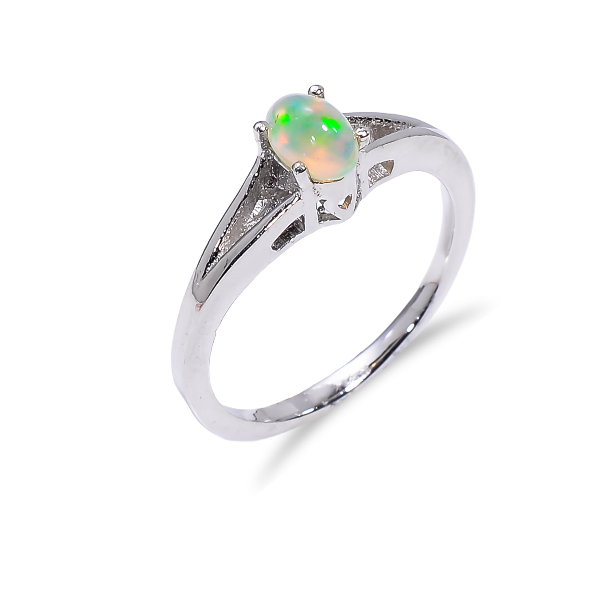 Ethiopian Opal ring in 925 sterling silver featuring a 4x6mm oval fire opal, designed for women, by Himalya Quartz.