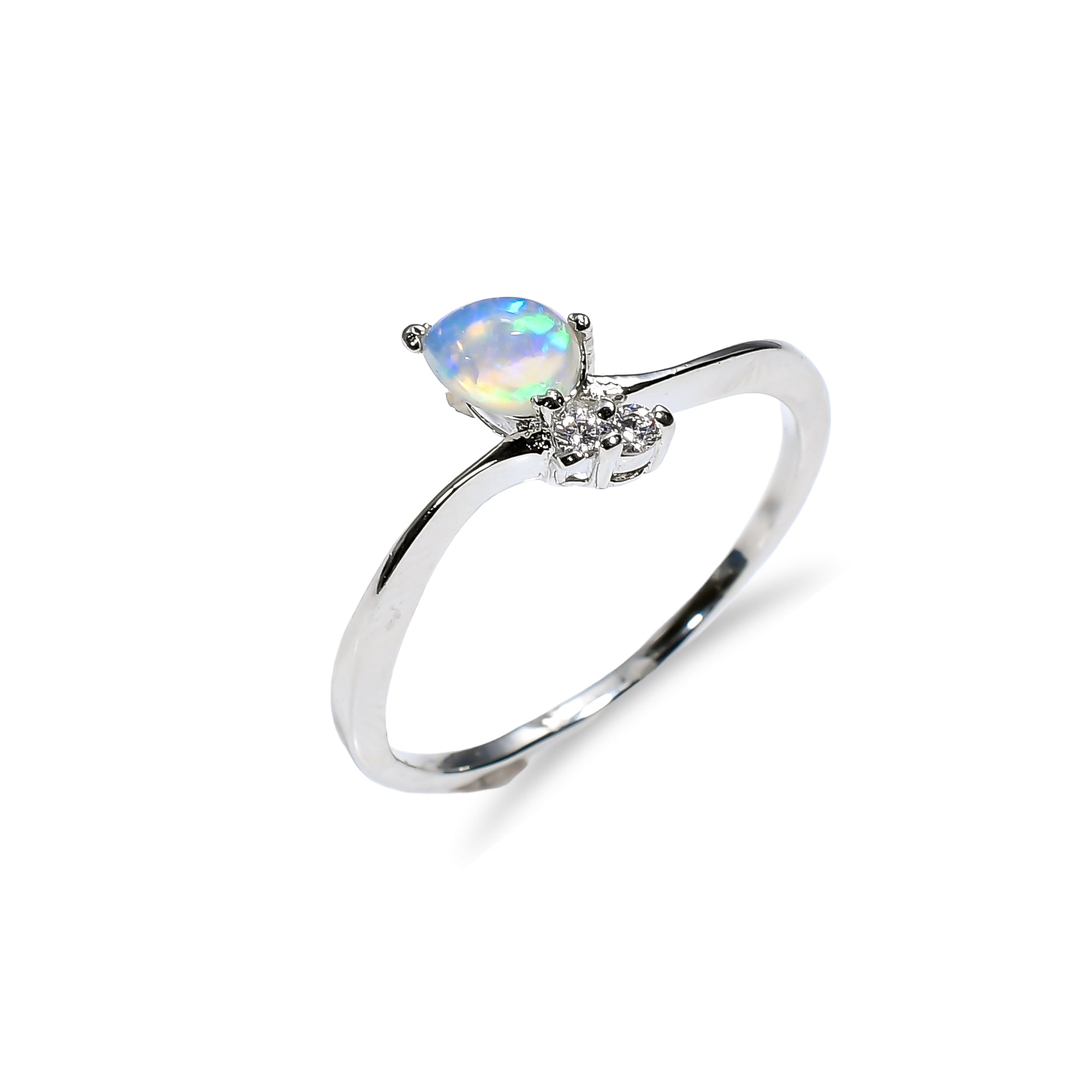 Natural Ethiopian Opal Zircon ring in 925 sterling silver featuring a pear-shaped gemstone, minimalist design for women.