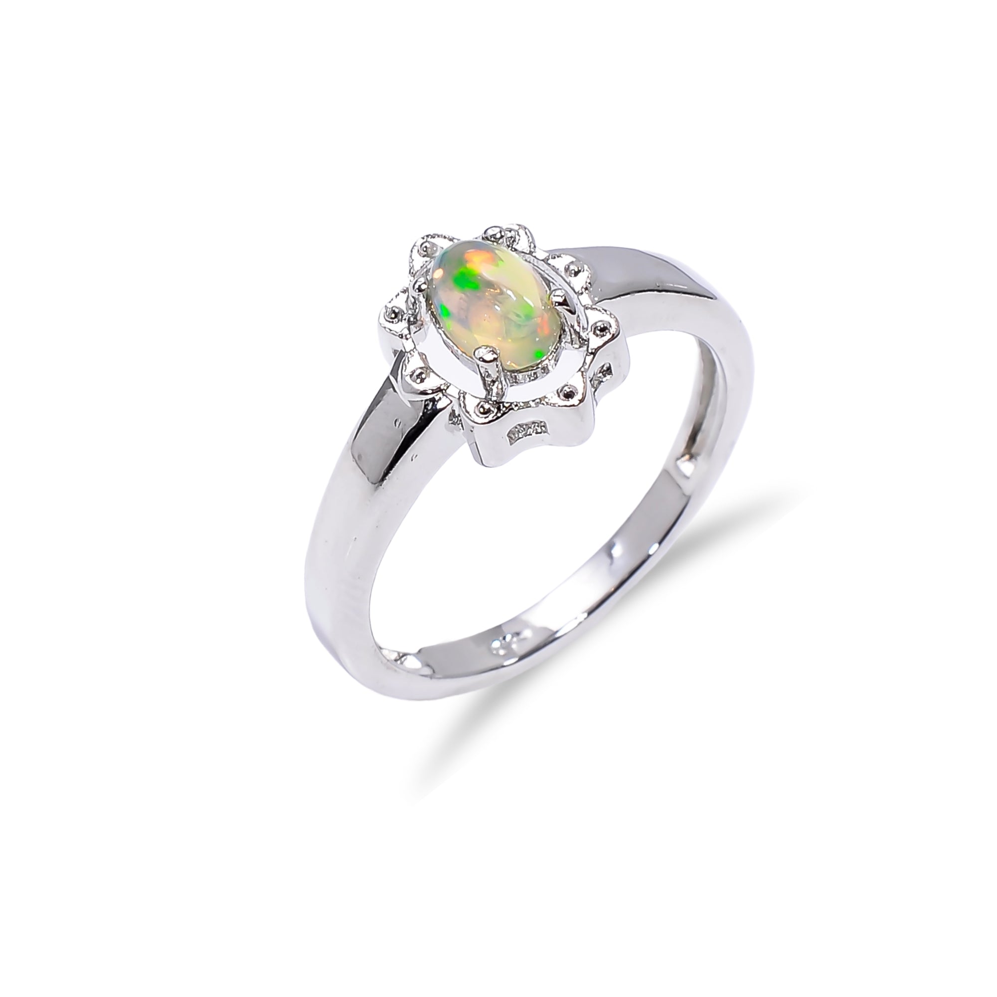Natural Ethiopian opal gemstone ring with 4x6mm oval opal, sterling silver band, designed for women by Himalya Quartz.