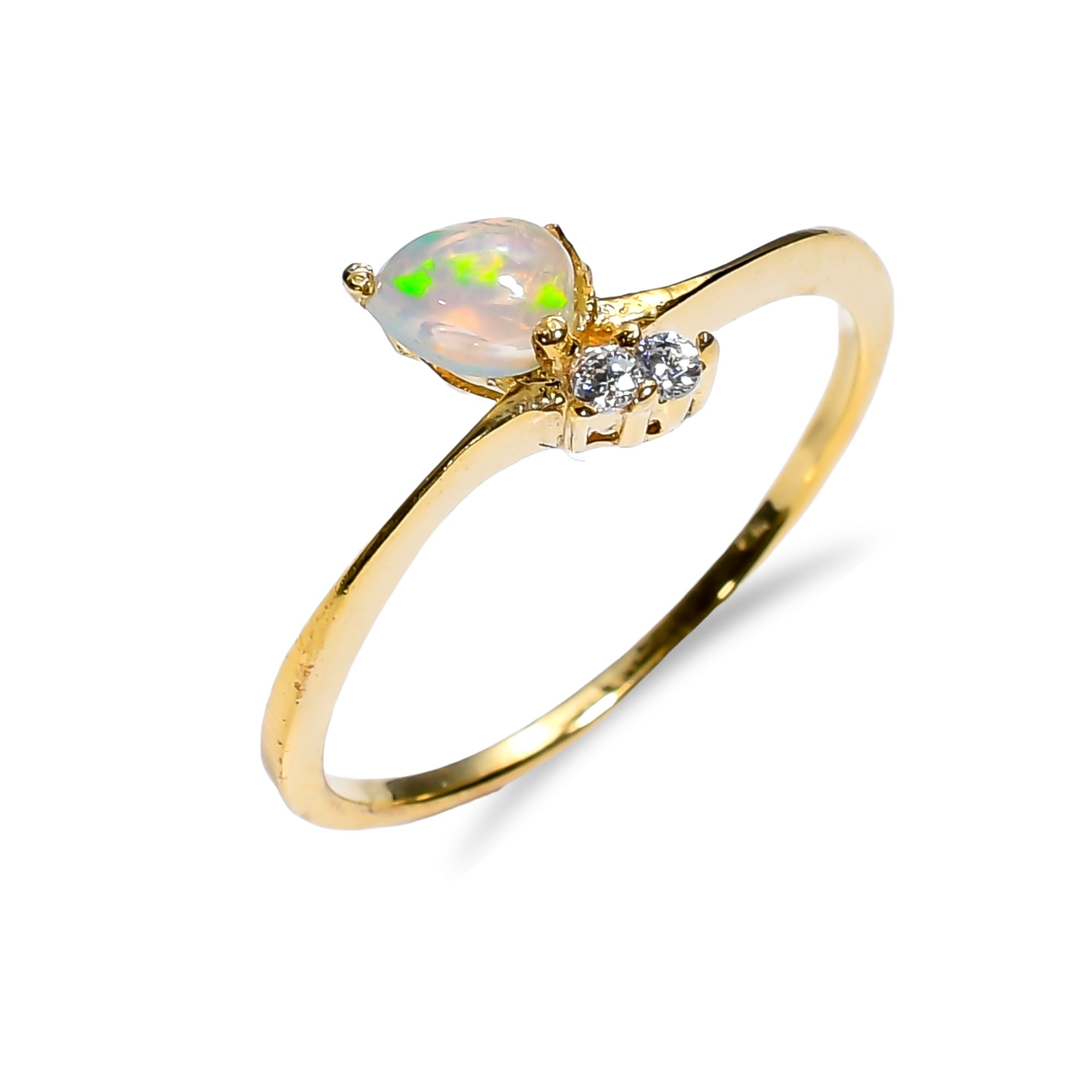 Natural Ethiopian Opal Zircon ring in 925 sterling silver featuring a pear-shaped minimalist gemstone design for women.