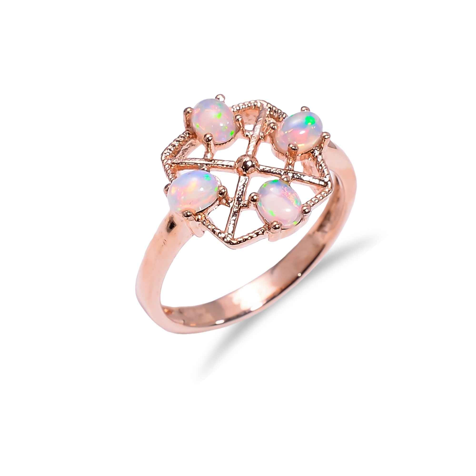 Minimalist Ethiopian Opal Ring 3x4mm Oval Four Stone 925 Sterling Silver Delicate Gemstone Band for Women