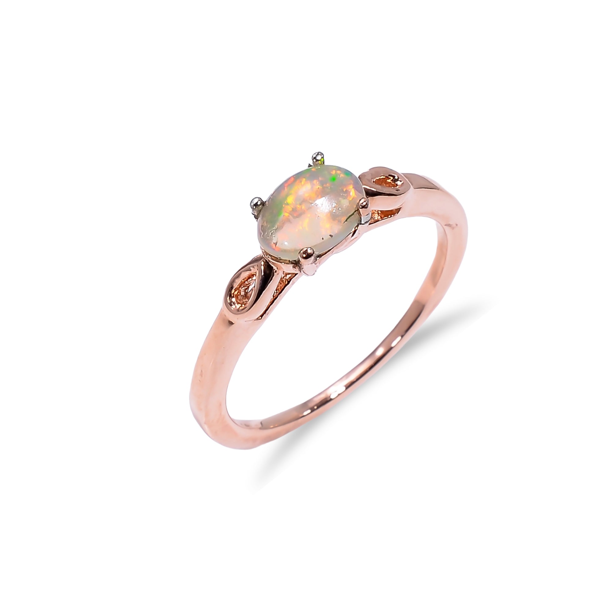 Sterling silver boho Ethiopian opal ring with 7x5mm oval fire opal, designed for women, by Himalya Quartz.