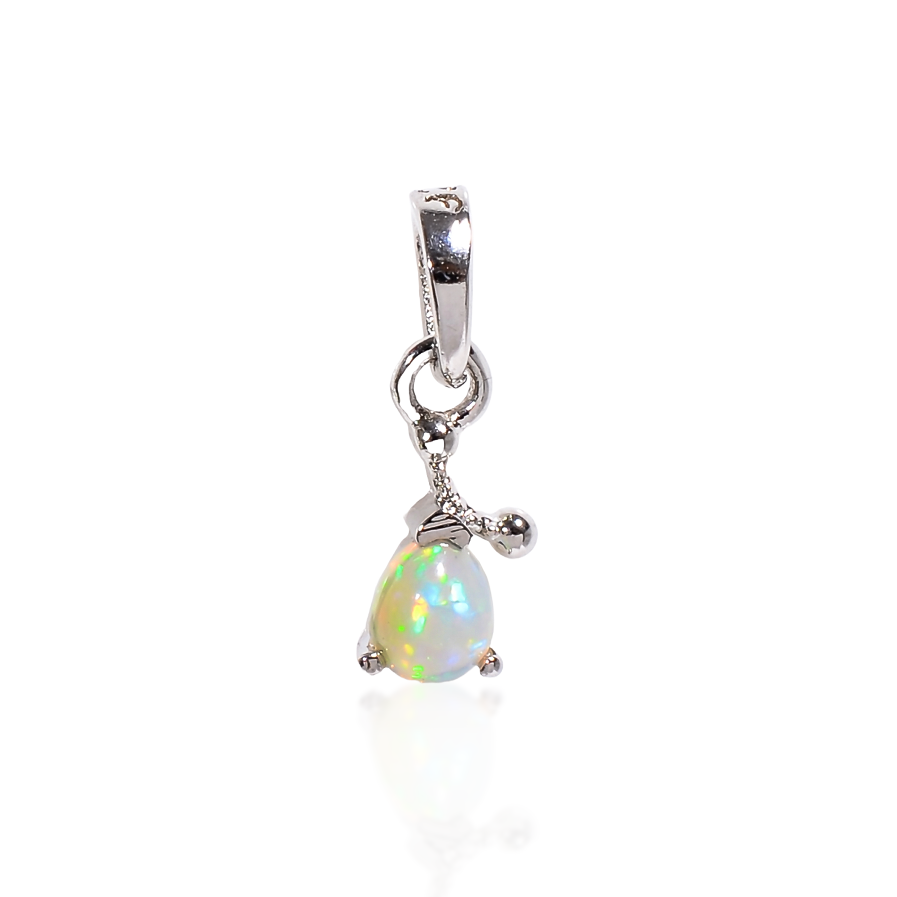 Sterling silver opal pear pendant necklace with October birthstone by Himalya Quartz, featuring a vibrant pear-shaped opal cabochon.