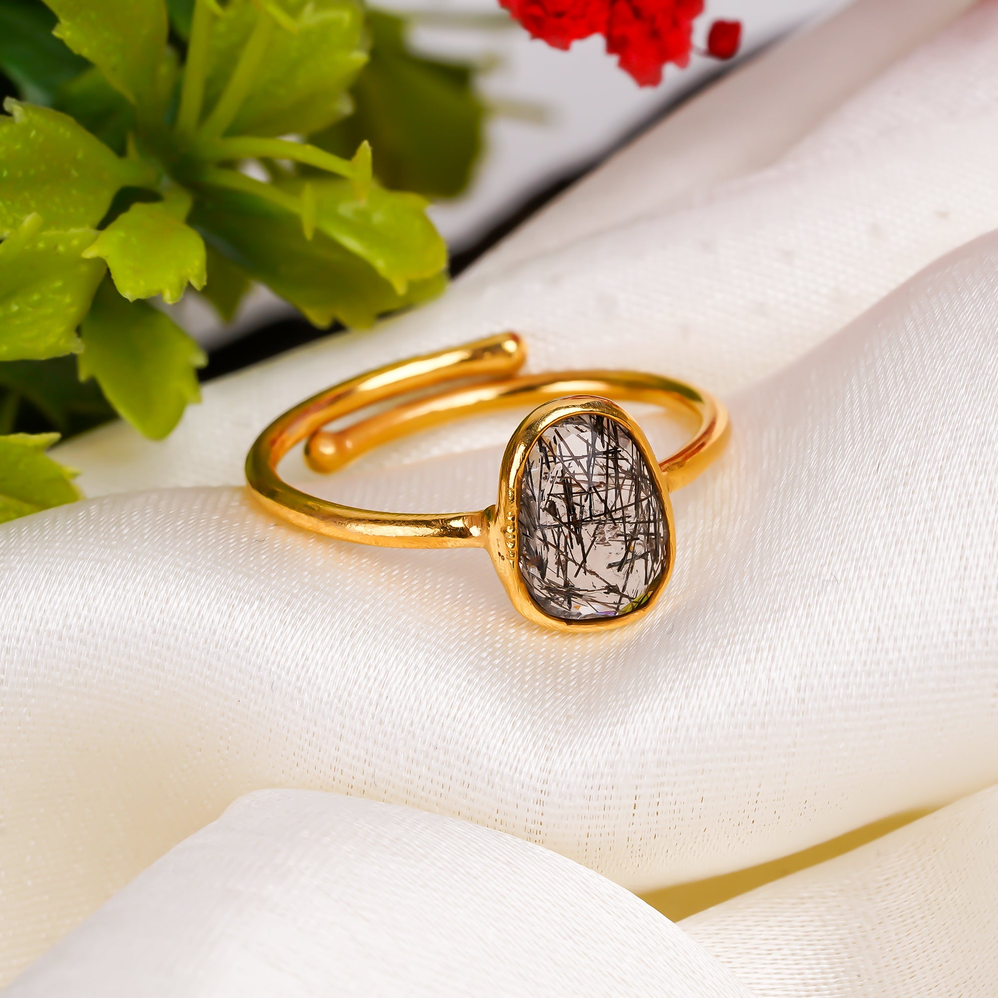 Black Rutile Ring 925 Sterling Silver Natural Black Rutile Quartz Ring Handmade Statement Jewelry Gift for Her