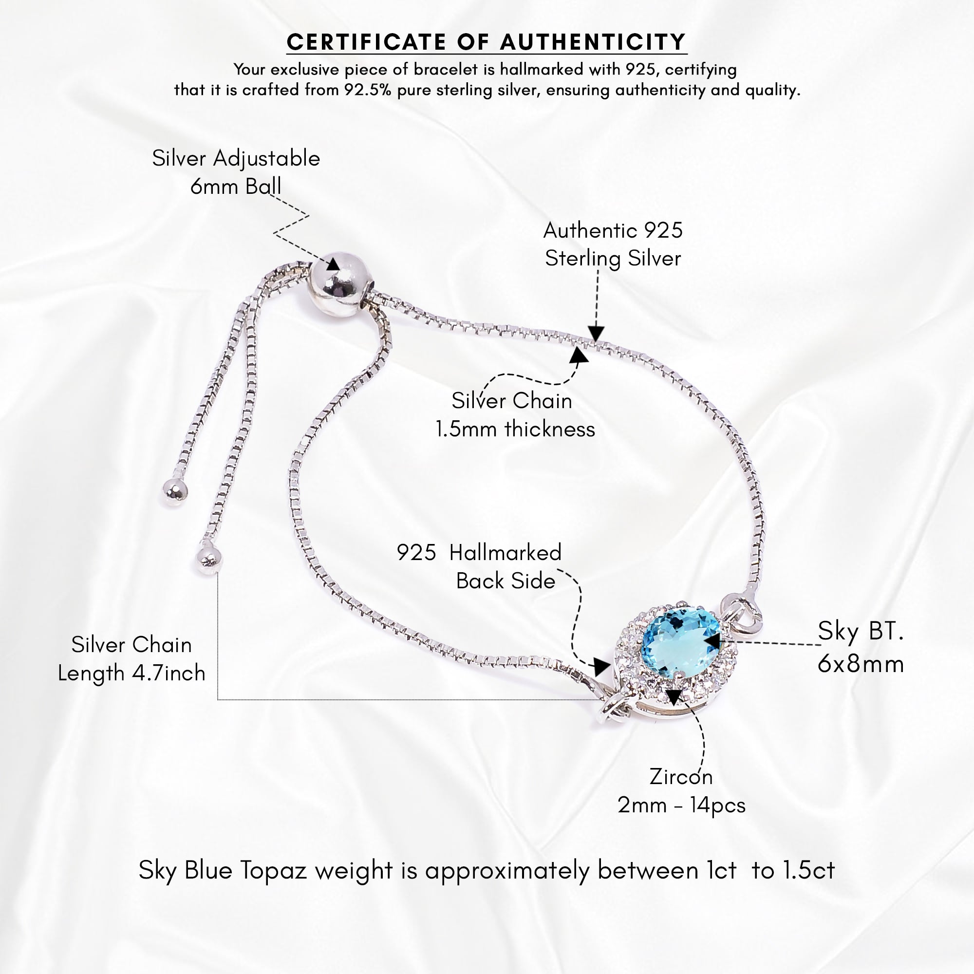 Sky Blue Topaz Silver Bracelet – Oval Cut 6×8 mm