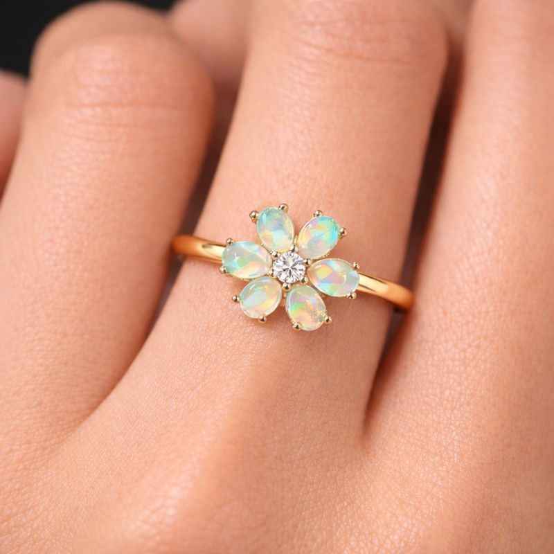 White Ethiopian Opal Zircon Ring 3x5mm Oval Cabochon 925 Sterling Silver Halo Style Jewelry