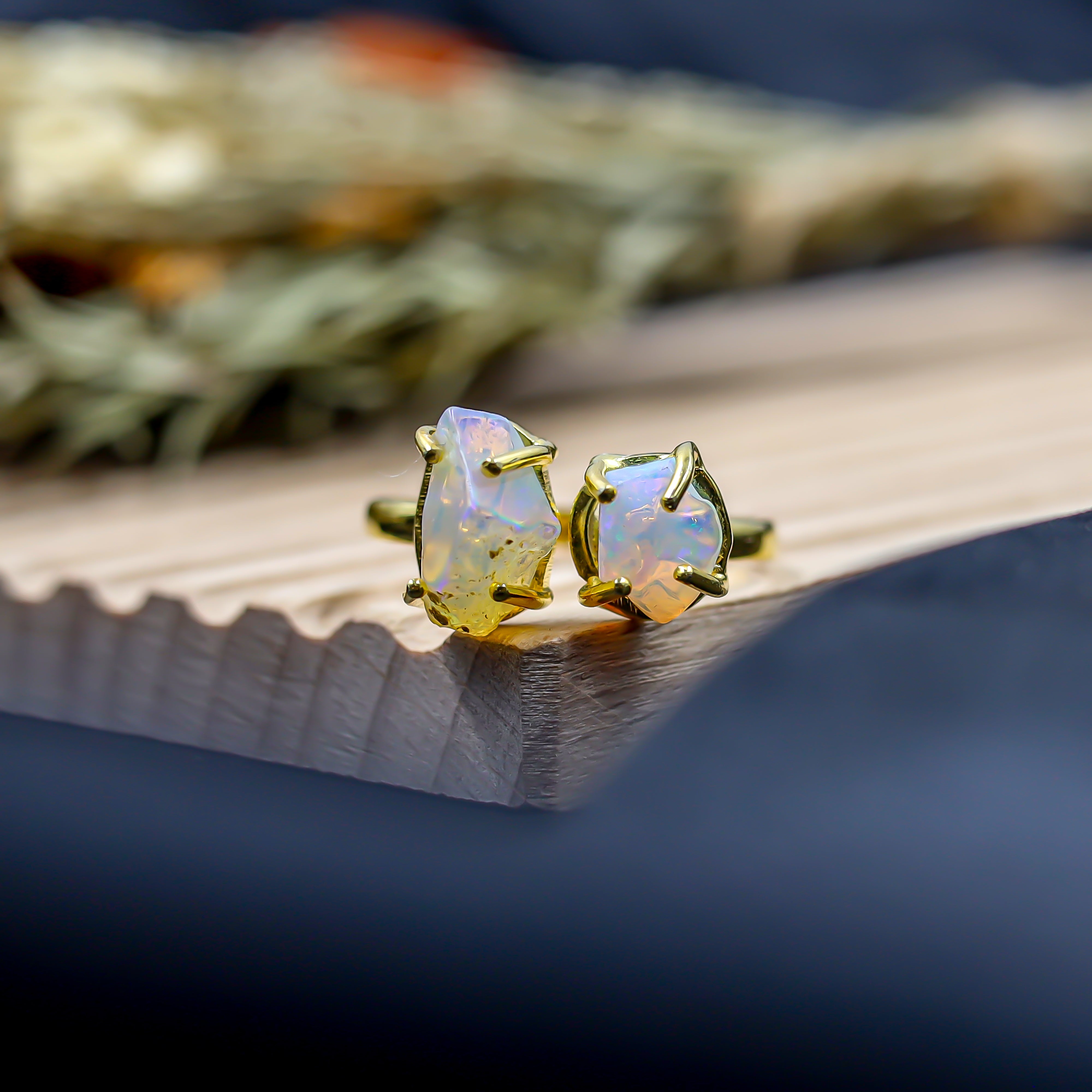 Raw Ethiopian Opal Two Stone Ring in 925 Sterling Silver Rough Gemstone Handmade October Birthstone Jewelry