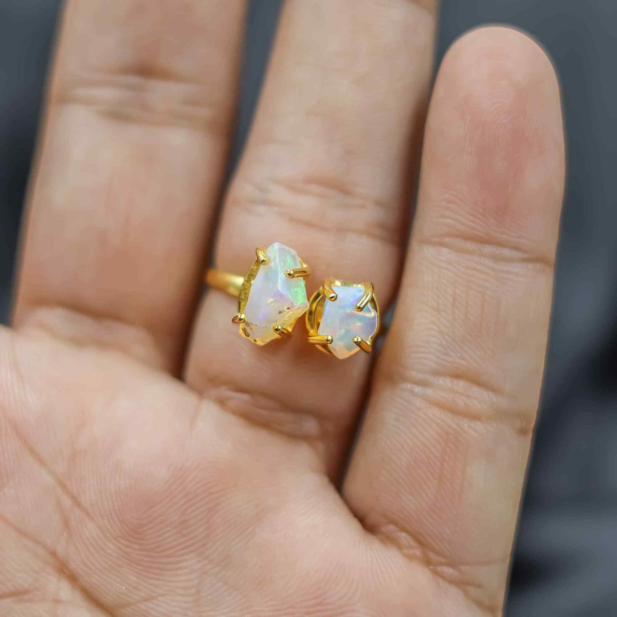 Raw Ethiopian Opal Two Stone Ring in 925 Sterling Silver Rough Gemstone Handmade October Birthstone Jewelry