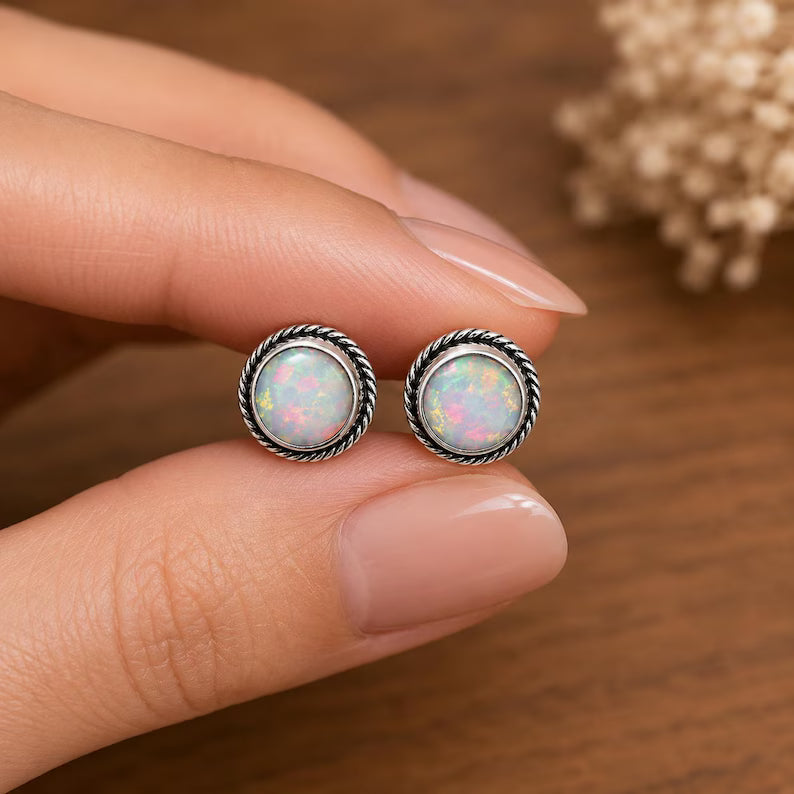 Natural Opal 6mm Round Cabochon Stud Earrings in 925 Sterling Silver – Opal Gemstone Studs