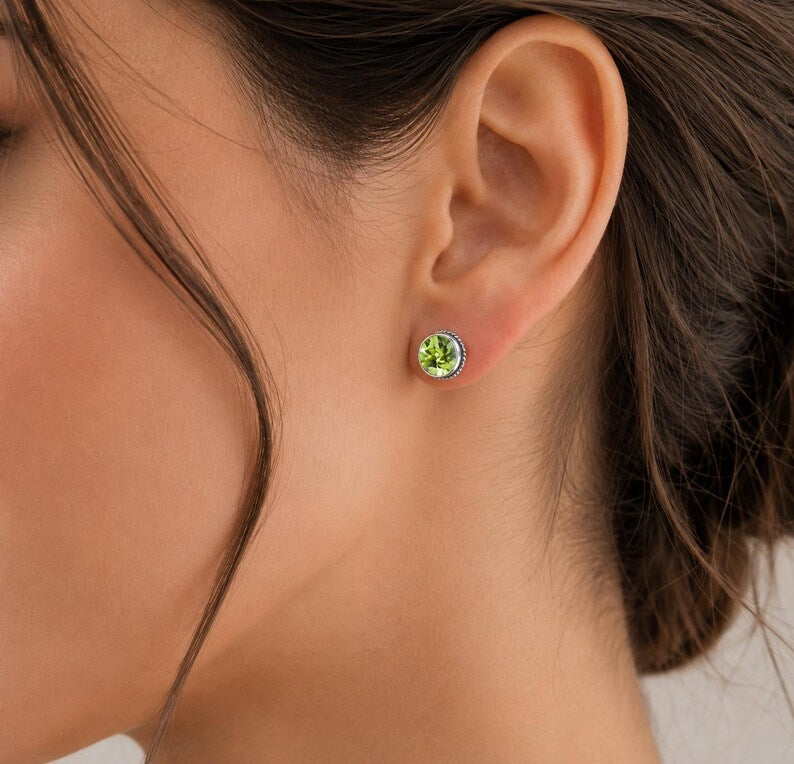Natural Peridot 6mm Round Cut Stud Earrings in 925 Sterling Silver Green Gemstone Studs