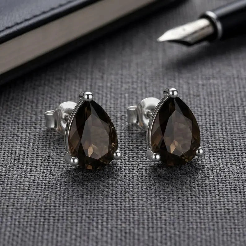 Natural Smoky Quartz 4x5mm Pear Cut Stud Earrings in 925 Sterling Silver