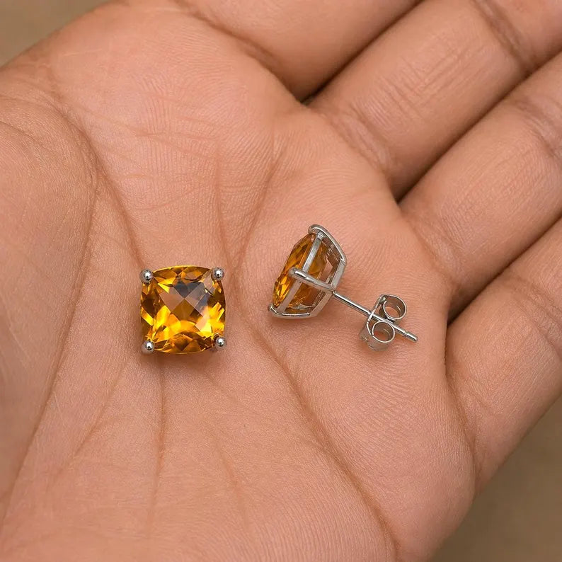 Citrine Stud Earrings in 925 Sterling Silver, Natural Citrine Studs, Minimalist Gift 6mm