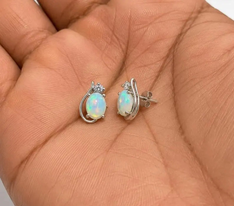 Opal With Zircon Stud Earrings – Natural Opal Studs in 925 Sterling Silver,Opal Earrings