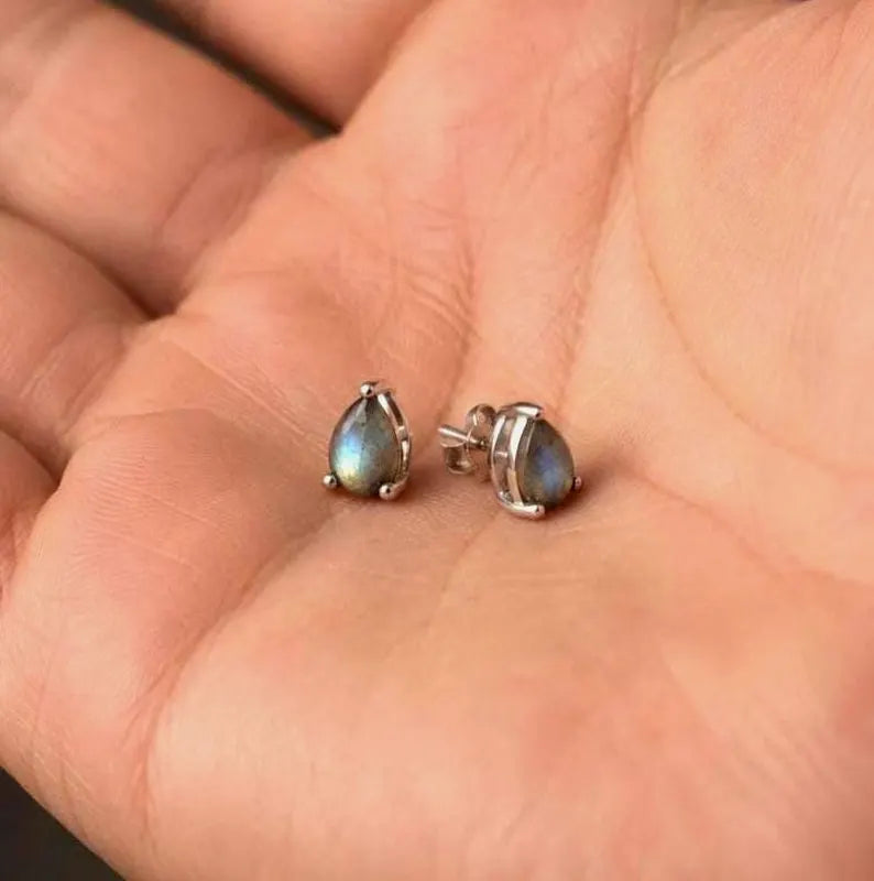 Natural Labradorite Pear Stud Earrings in 925 Sterling Silver, Minimalist Gemstone Jewelry Gift