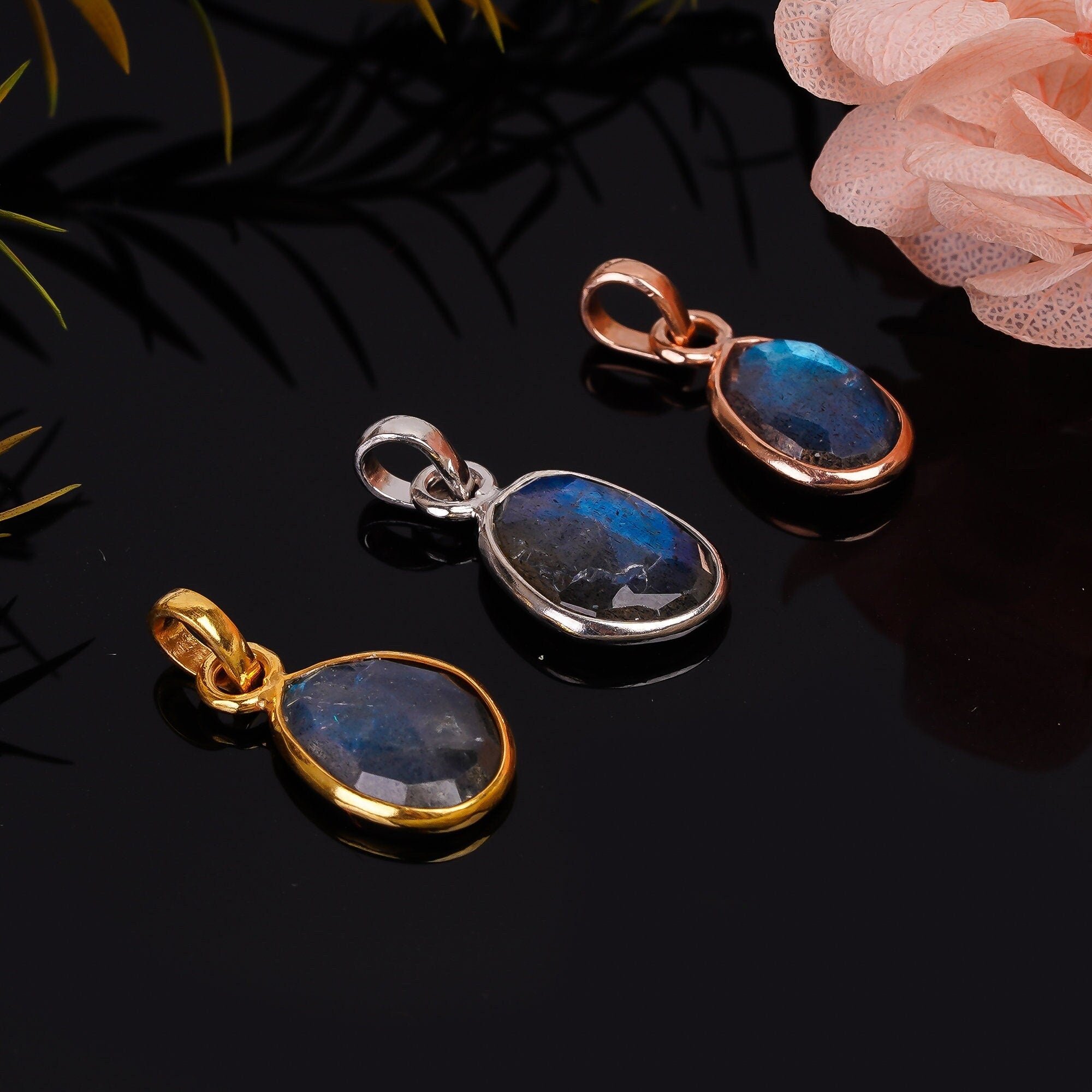 Natural Labradorite Pendant: 925 Sterling Silver Bezel, Rose Cut Gemstone