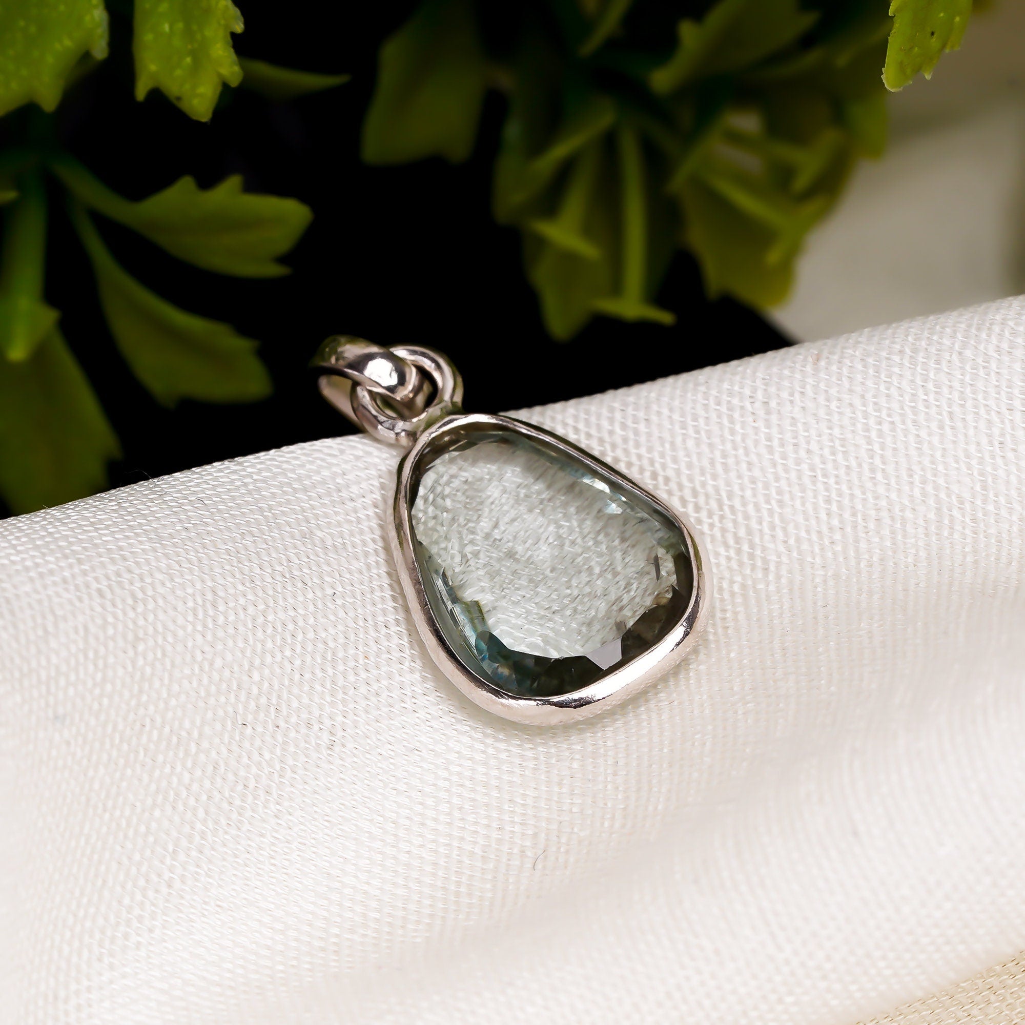 Vintage Moss Aquamarine 925 Silver Pendant: Handmade Boho Necklace