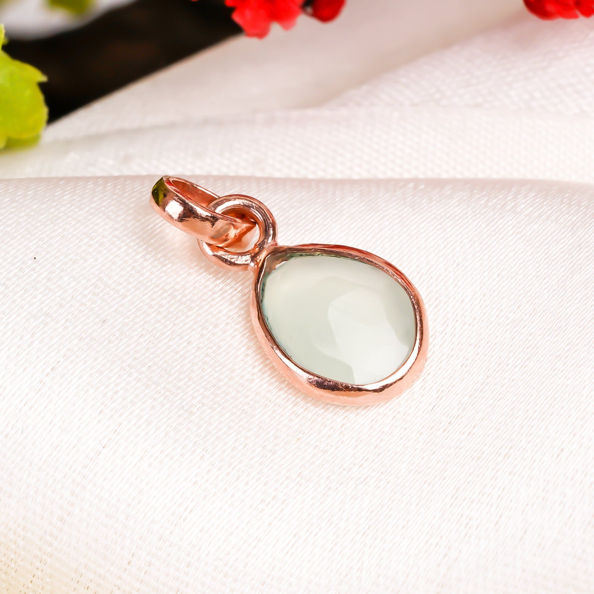 Rose Cut Aquaprase Pendant Necklace: Rose Gold Sterling Silver Boho Jewelry