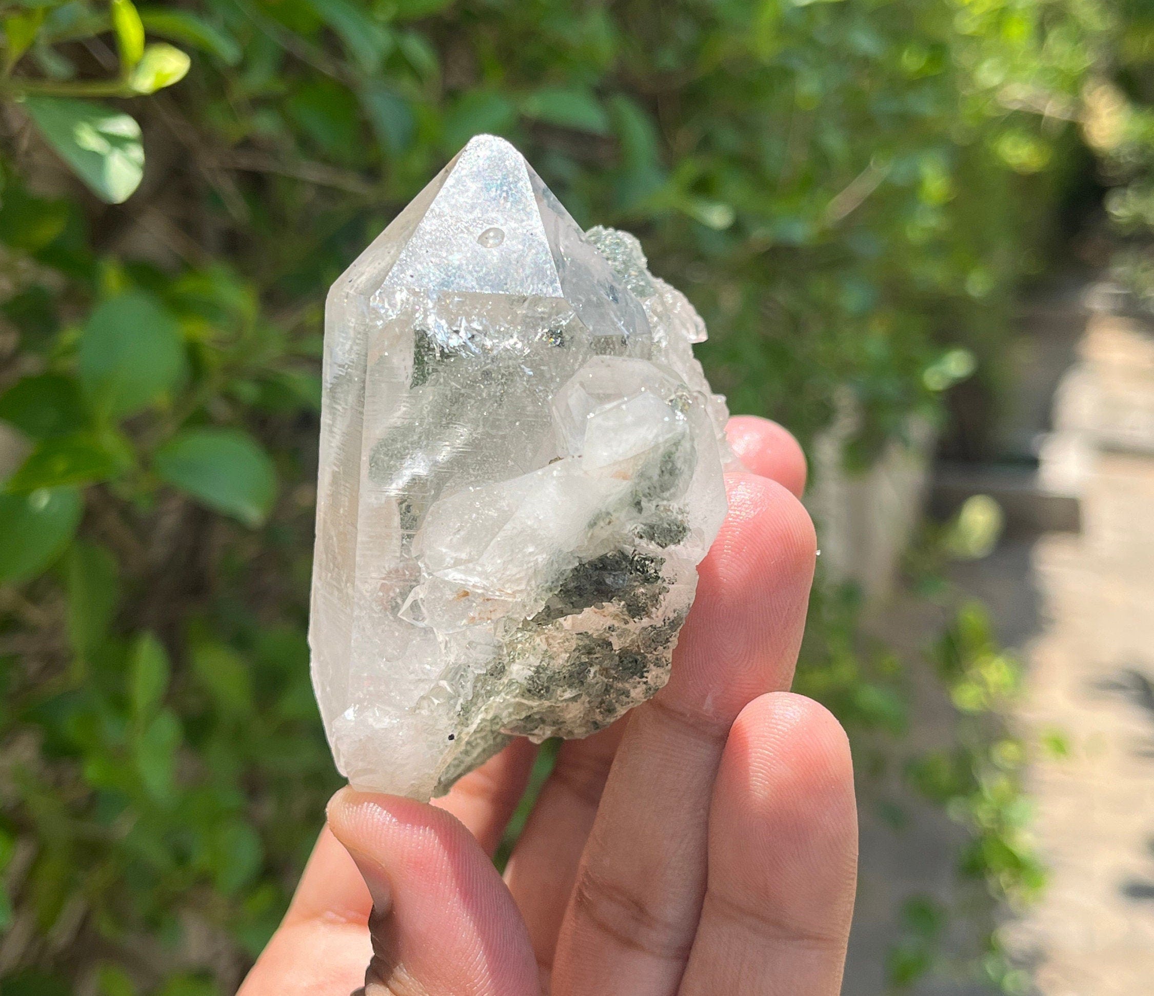 Chlorite Quartz Crystal Point: Raw Mineral Specimen, Healing Stone, 220gm