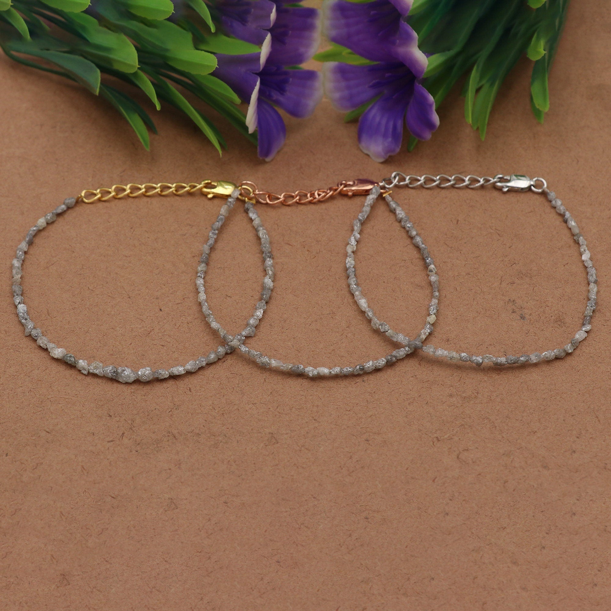 Handmade Silver Diamond Chip Bracelet – Dainty Real Diamond Beads Jewelry