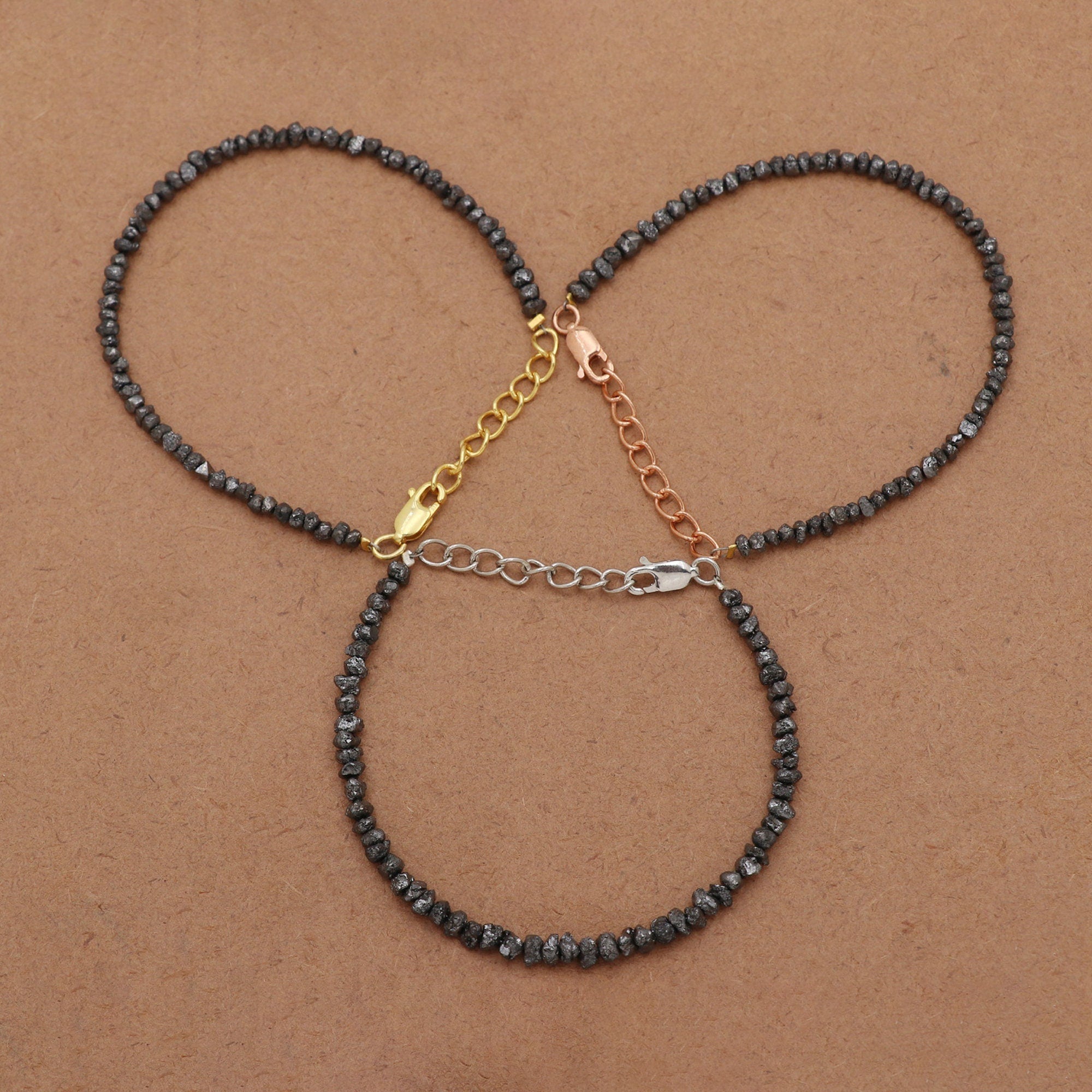 Silver Black Diamond Chip Beads Bracelet – Natural Diamond Beaded Minimalist Jewelry