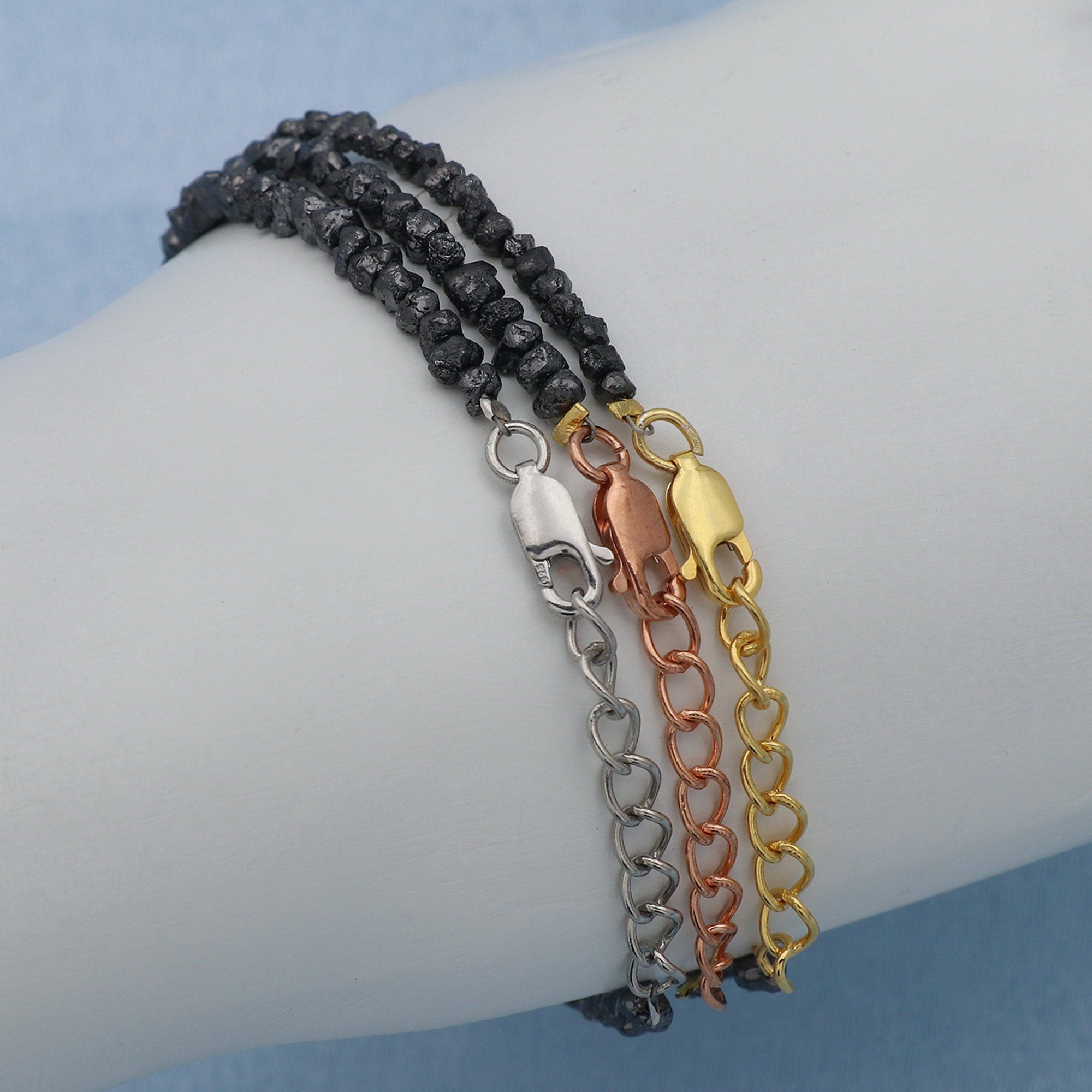 Silver Black Diamond Chip Beads Bracelet – Natural Diamond Beaded Minimalist Jewelry