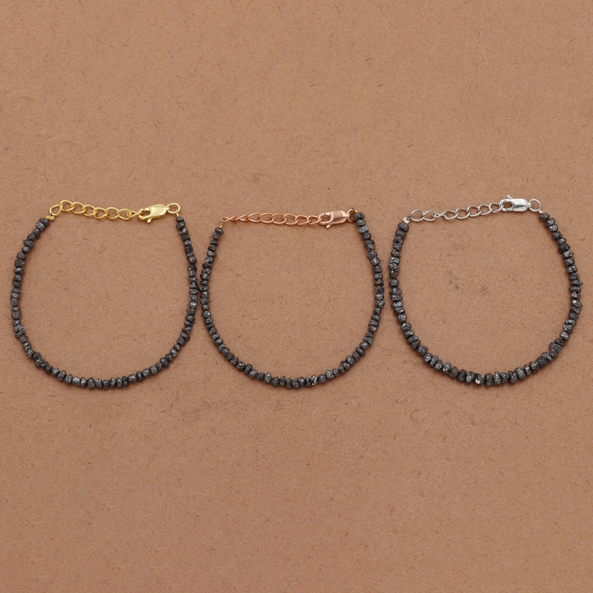 Silver Black Diamond Chip Beads Bracelet – Natural Diamond Beaded Minimalist Jewelry