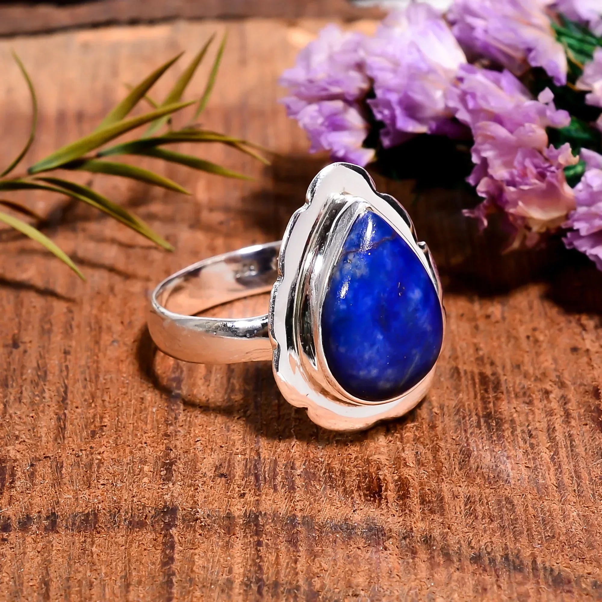 Handmade Lapis Lazuli Sterling Silver Ring: Pear Cabochon, Bohemian Jewelry