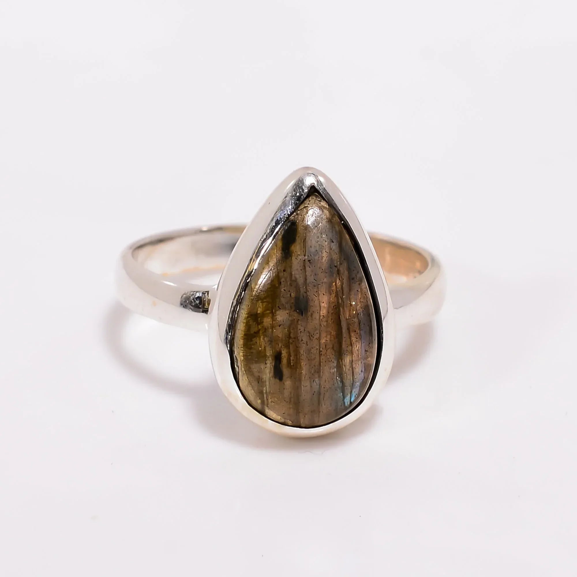 925 Sterling Silver Pear Labradorite Ring: Blue Fire Gemstone