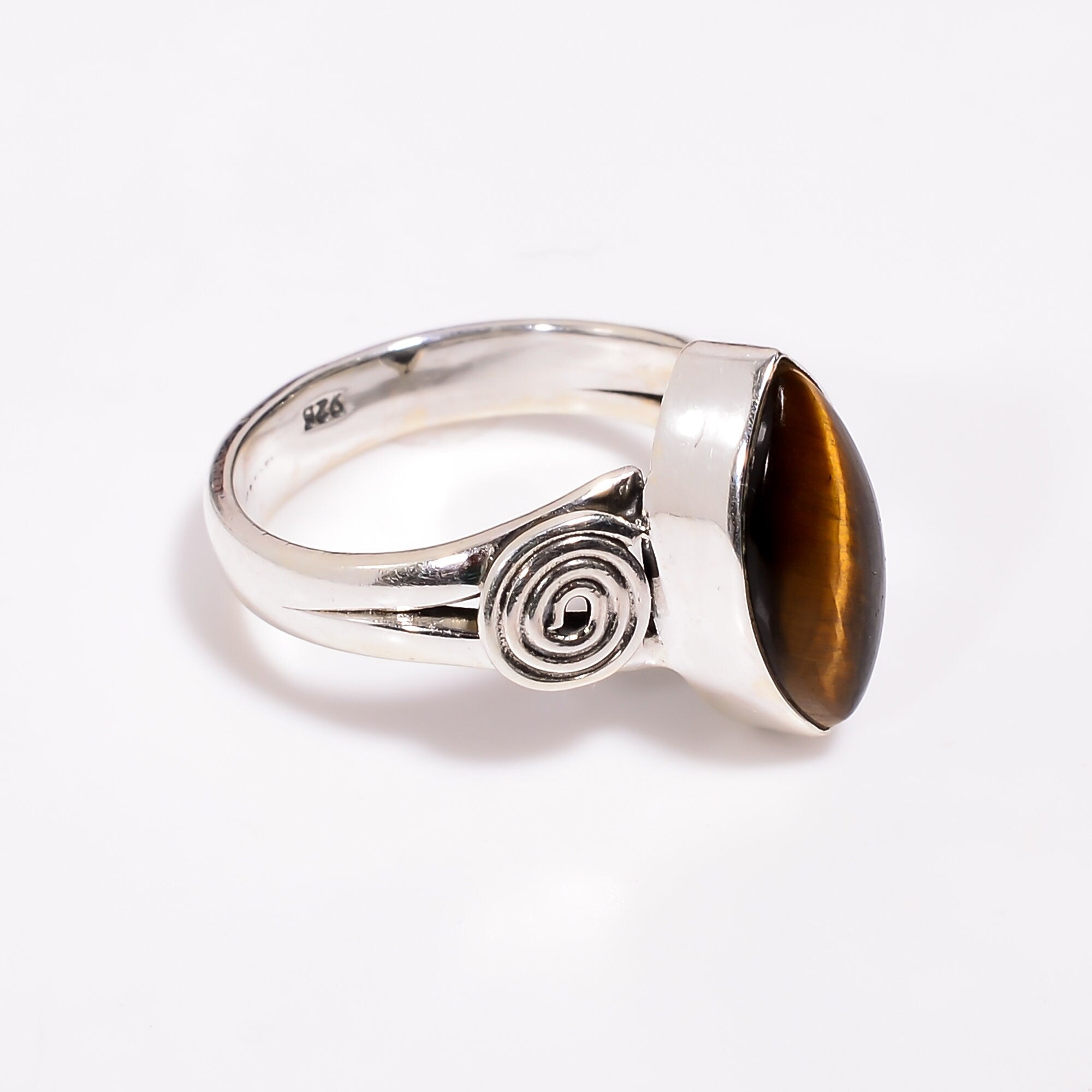 Sterling Silver Tiger's Eye Ring: Handmade Marquise Gemstone Jewelry