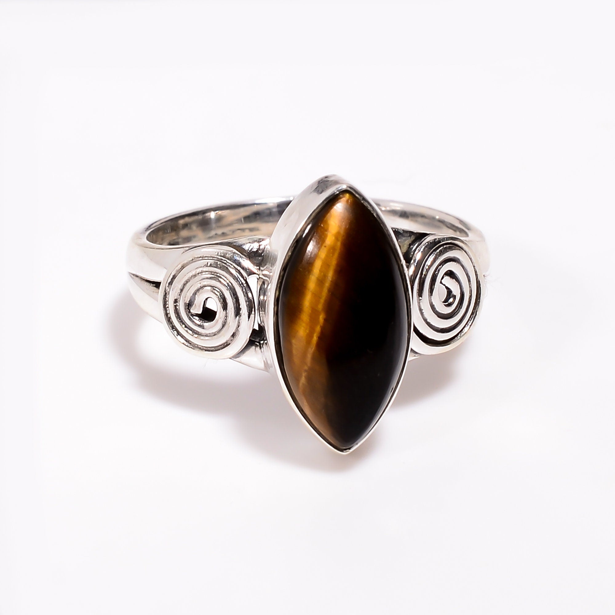 Sterling Silver Tiger's Eye Ring: Handmade Marquise Gemstone Jewelry